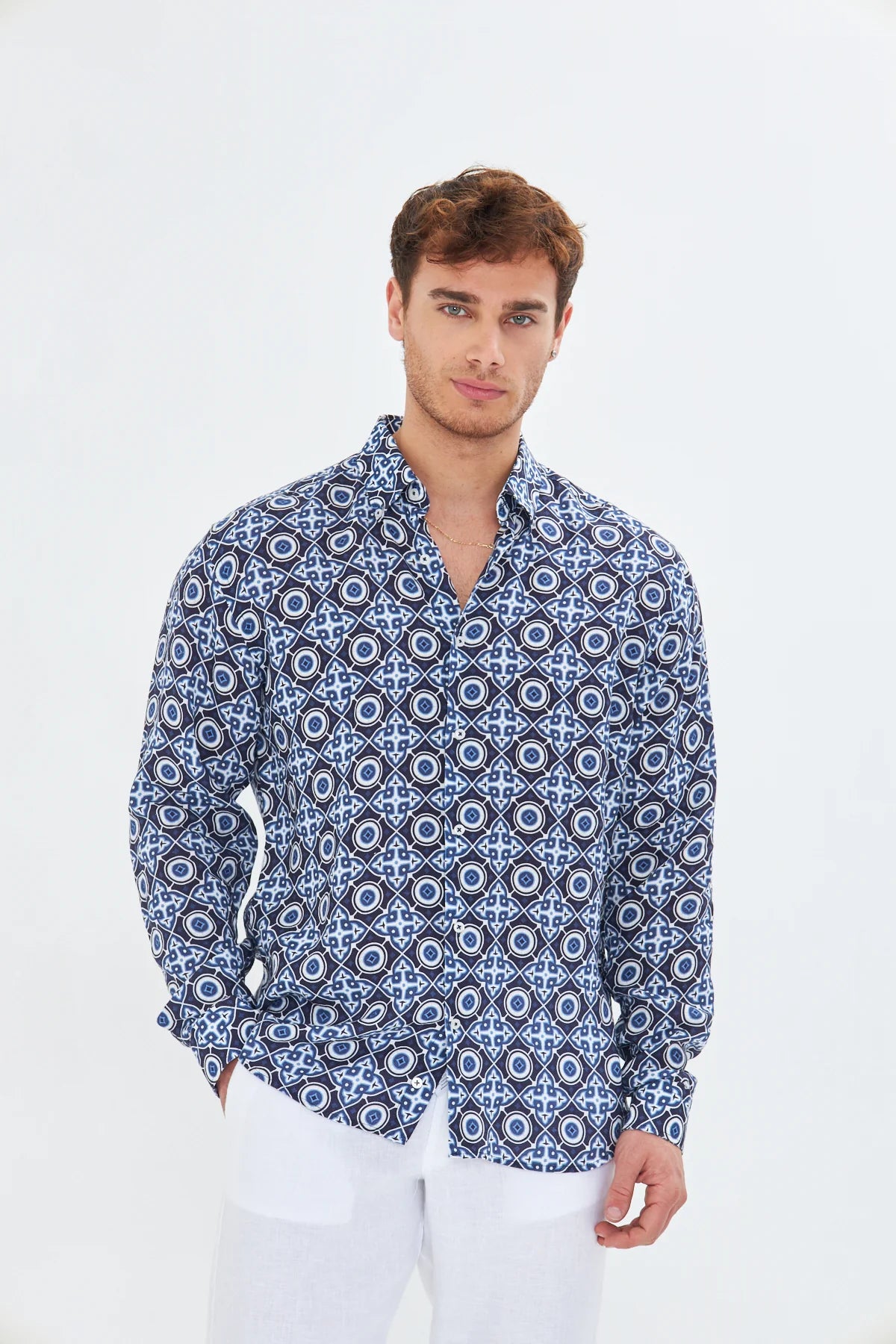 Image of Ethnic Pattern Men's Linen Shirt