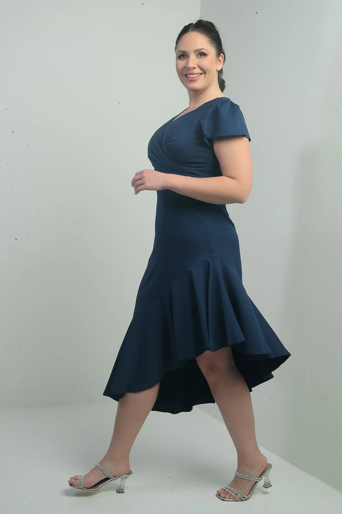 Image of Women's Wrap Neckline Draped Front Lined Ruffled Skirt Plus Size Crepe Dress