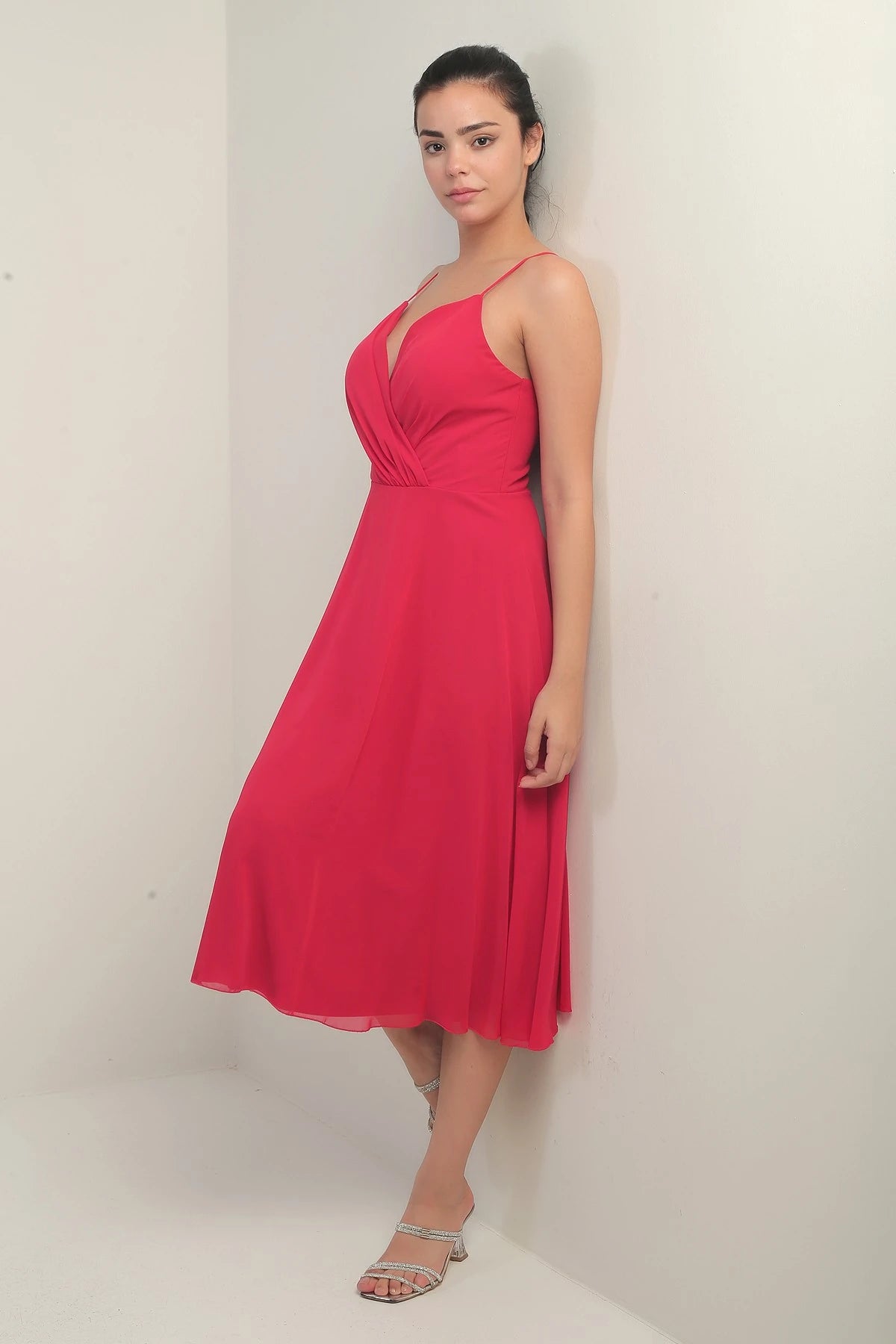 Image of Women's Strappy Wrap Neckline Lined Lace-Up Back Flared Chiffon Dress