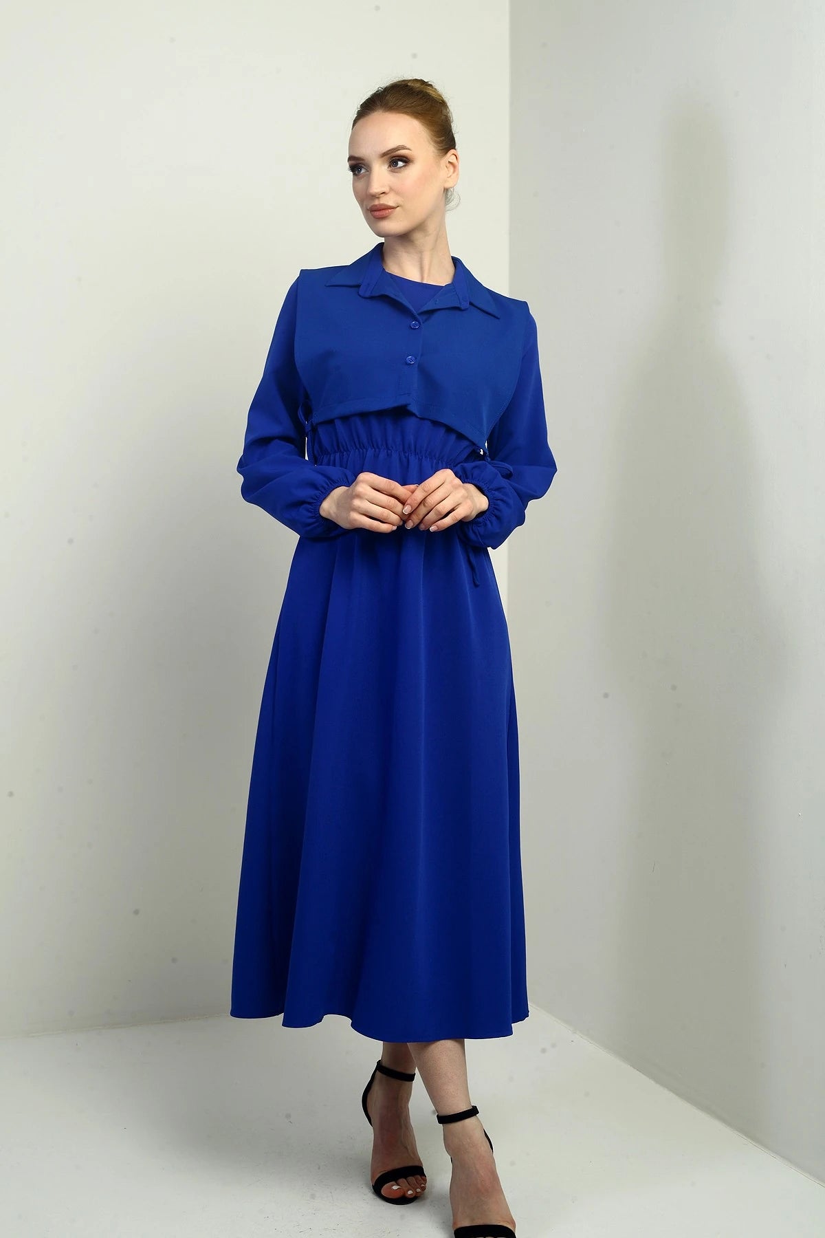 Image of Women's Button-Down Detachable Vest, Elastic Waist, Long-Sleeved Midi Dress