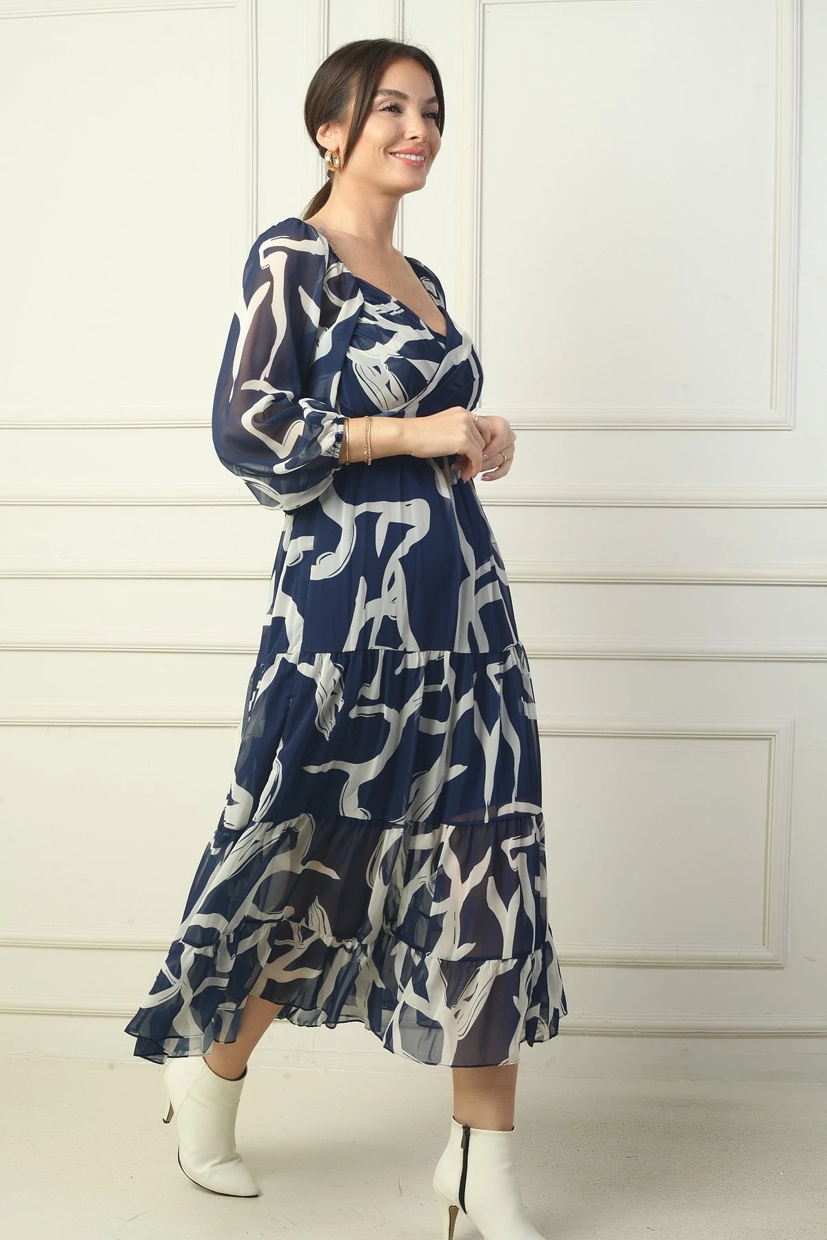 Image of Madonna Neckline Lined Cross-Tie Abstract Pattern Wrap Chiffon Dress