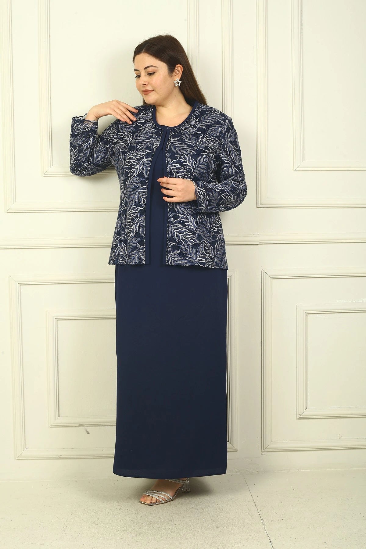 Image of Long Dress with Beaded Collar, Plus Size Two-Piece Set with Beaded and Sequin Embroidered Jacket, Lined.