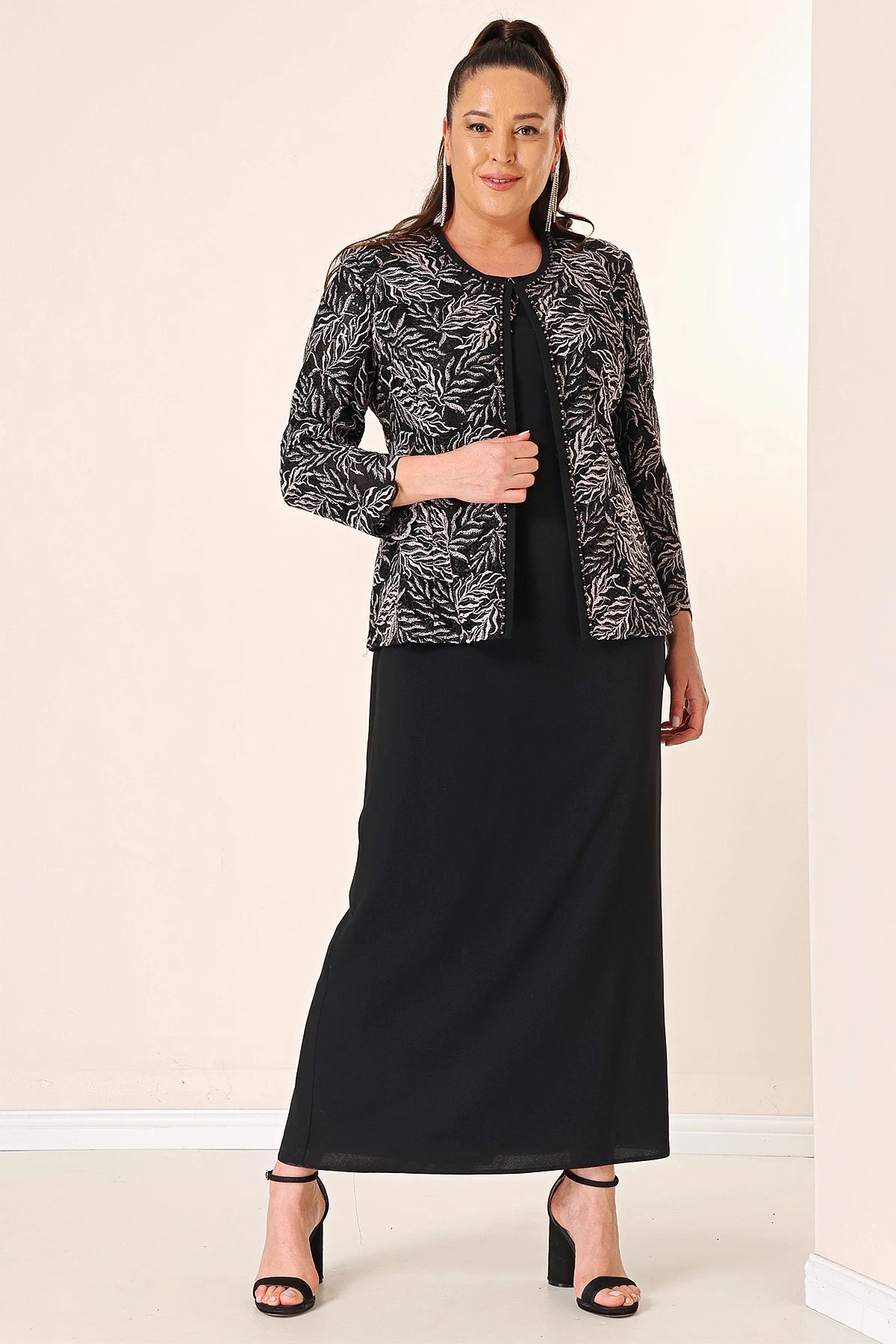 Image of Long Dress with Beaded Collar, Plus Size Two-Piece Set with Beaded and Sequin Embroidered Jacket, Lined.
