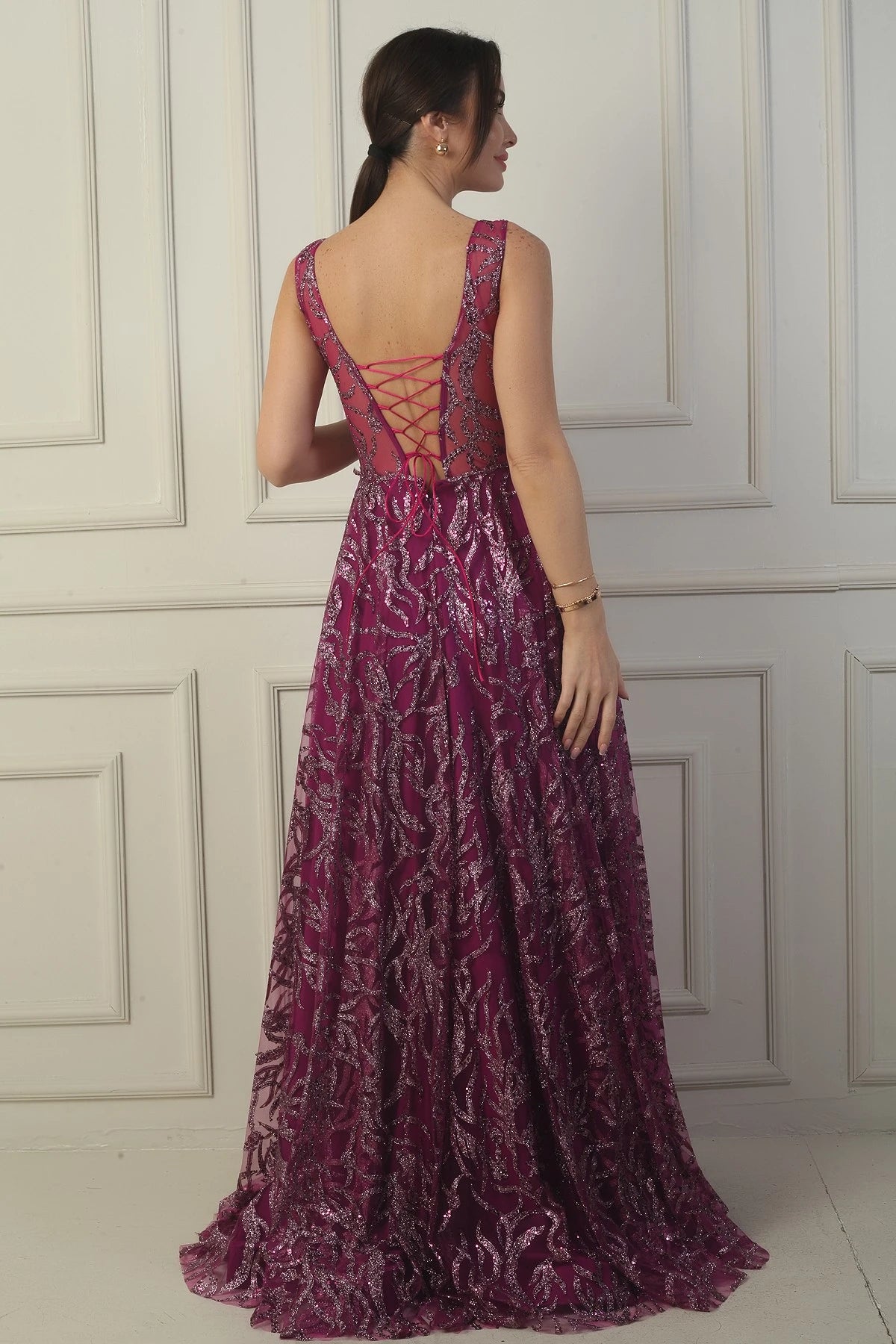 Image of Women's Front and Back V-Neck, Bust Pleat, Back Lace-up, Lined, Glitter Flock Print Long Evening Dress