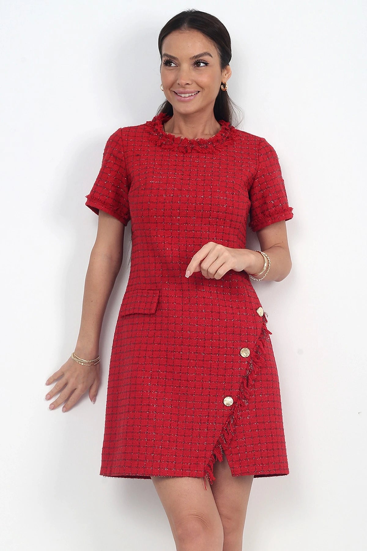 Image of Women's Button Detail Short Sleeve Tassel Chanel Short Dress