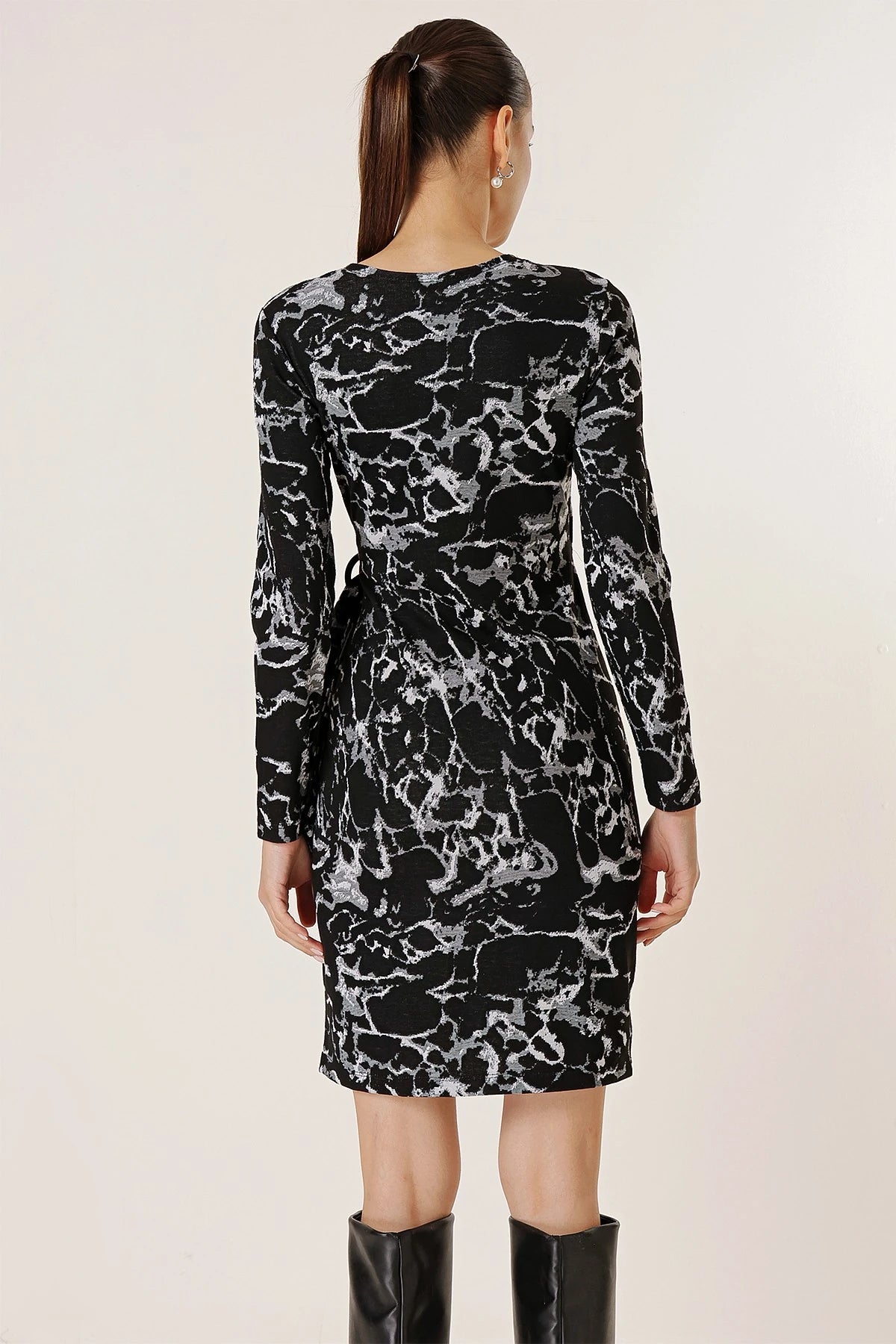 Image of Wrap Neck Buckle Detail Patterned Lycra Dress