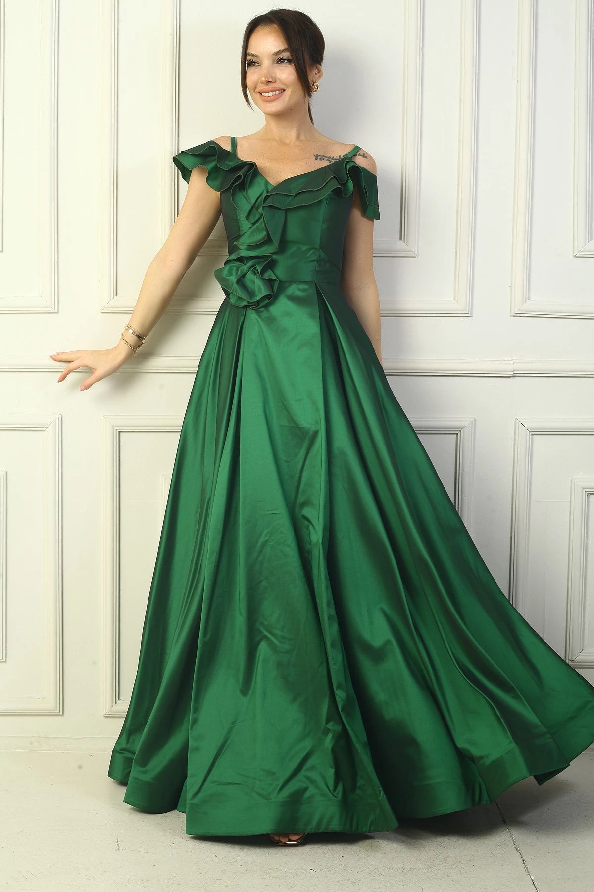 Image of Women's Strappy Boat Neck Long Taffeta Evening Dress with Rose Detail, Lined, and Pockets
