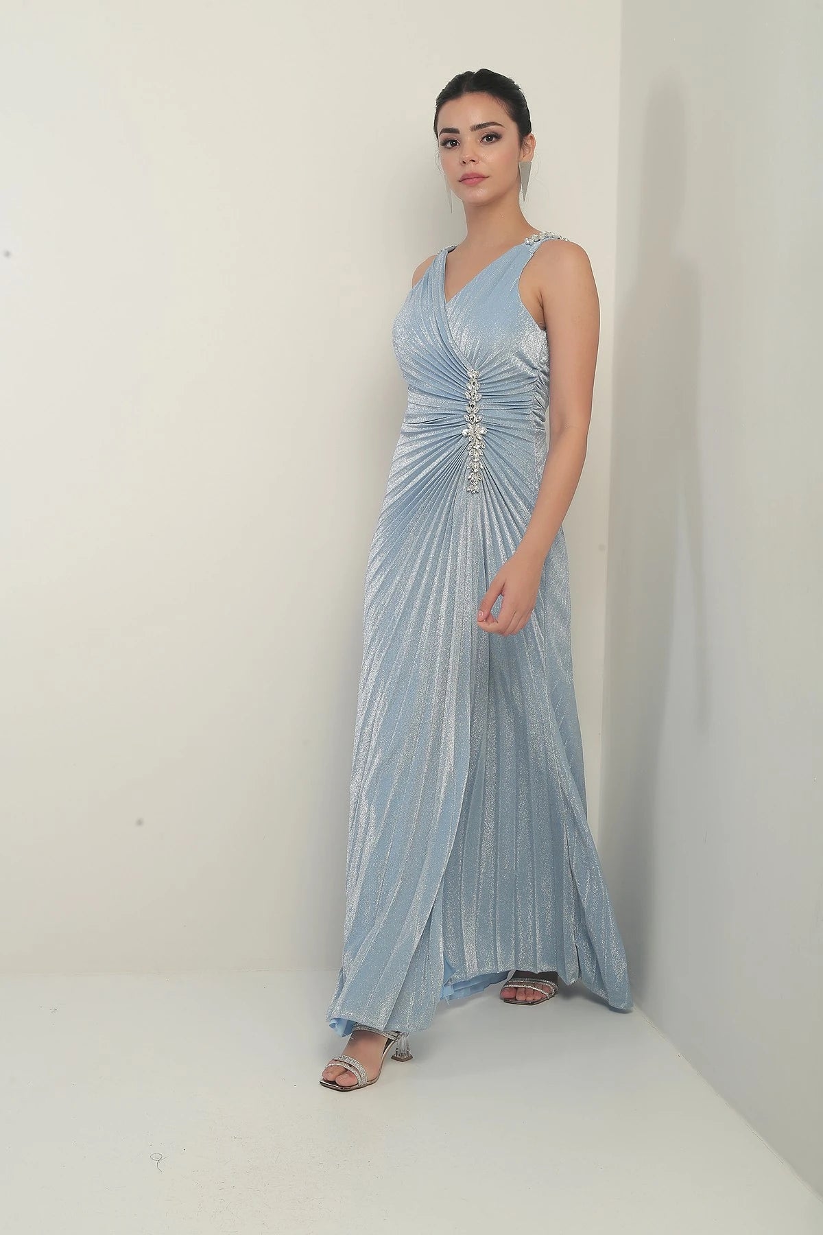 Image of Women's Wrap Neckline Long Evening Dress with Thick Shoulder Stone Detail, Stone Embellished Front, Gathered, and Slit