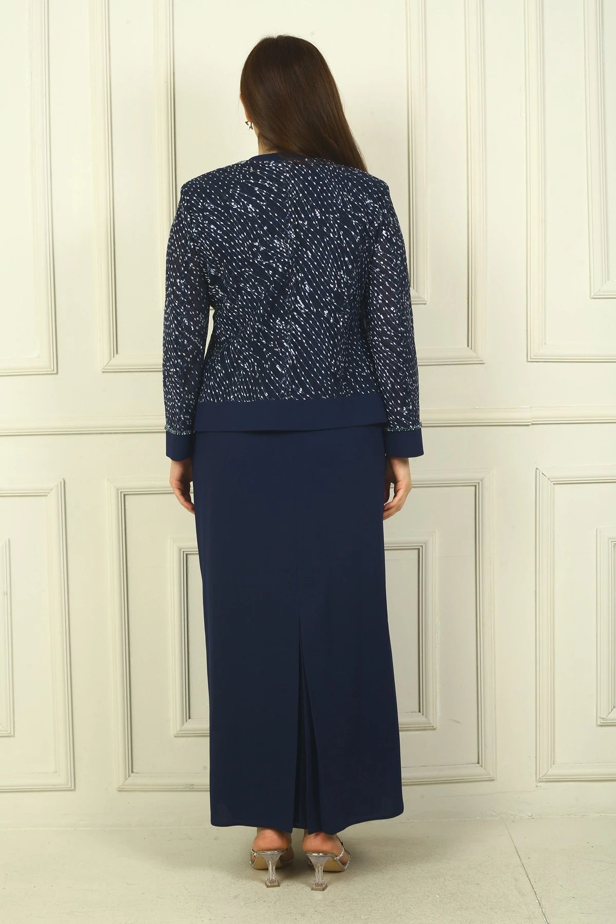 Image of Women's Beaded and Sequin Embellished Tulle Jacket, Half-Moon Sleeve Long Dress, Lined, Plus Size Two-Piece Set