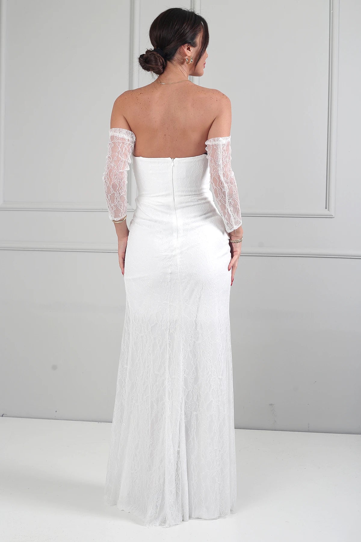 Image of Kadın 3 Parçalı Tasarım Abiye Straplez Önü Büzgülü Astarlı Uzun Elbise Dik Yaka Dantel Bluz