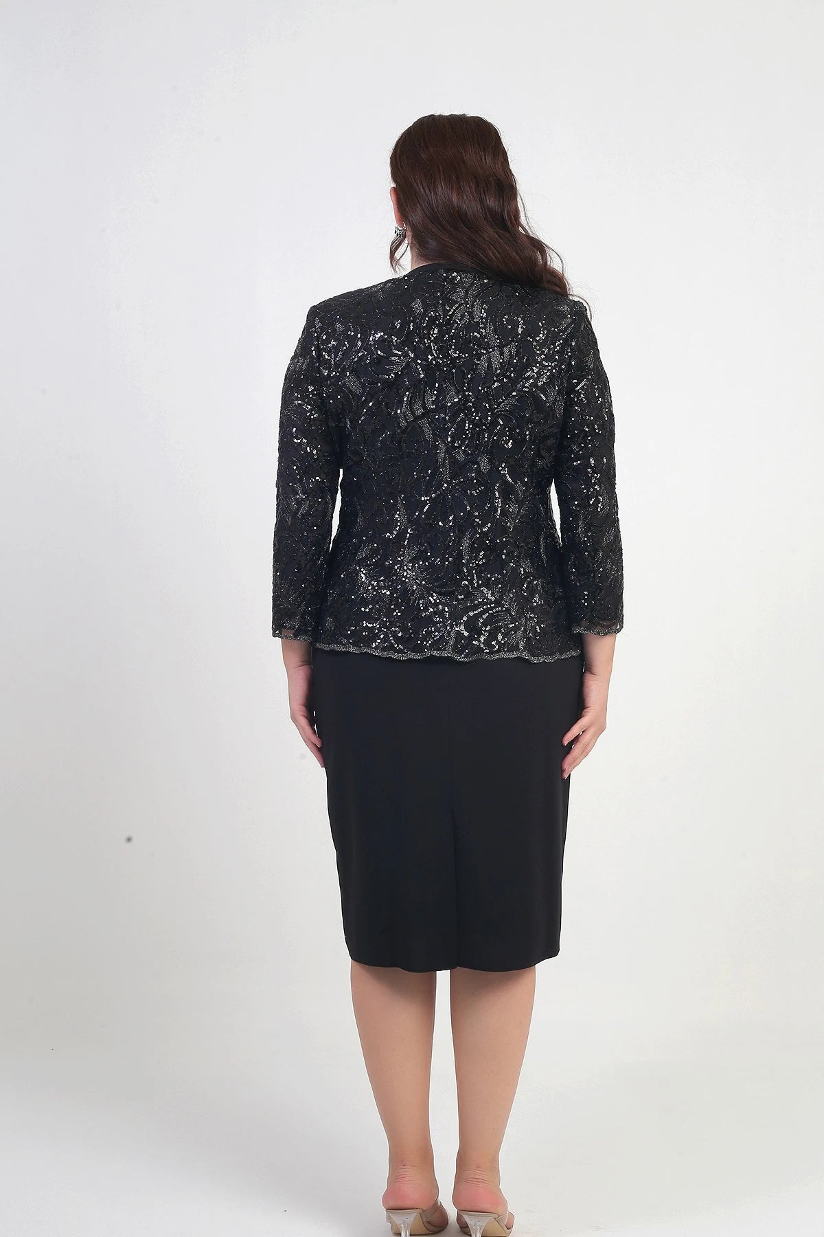 Image of Women's Sequin Embellished Beaded Tulle Jacket, Half-Moon Sleeve Short Dress, Lined Crepe, Plus Size 2-Piece Set