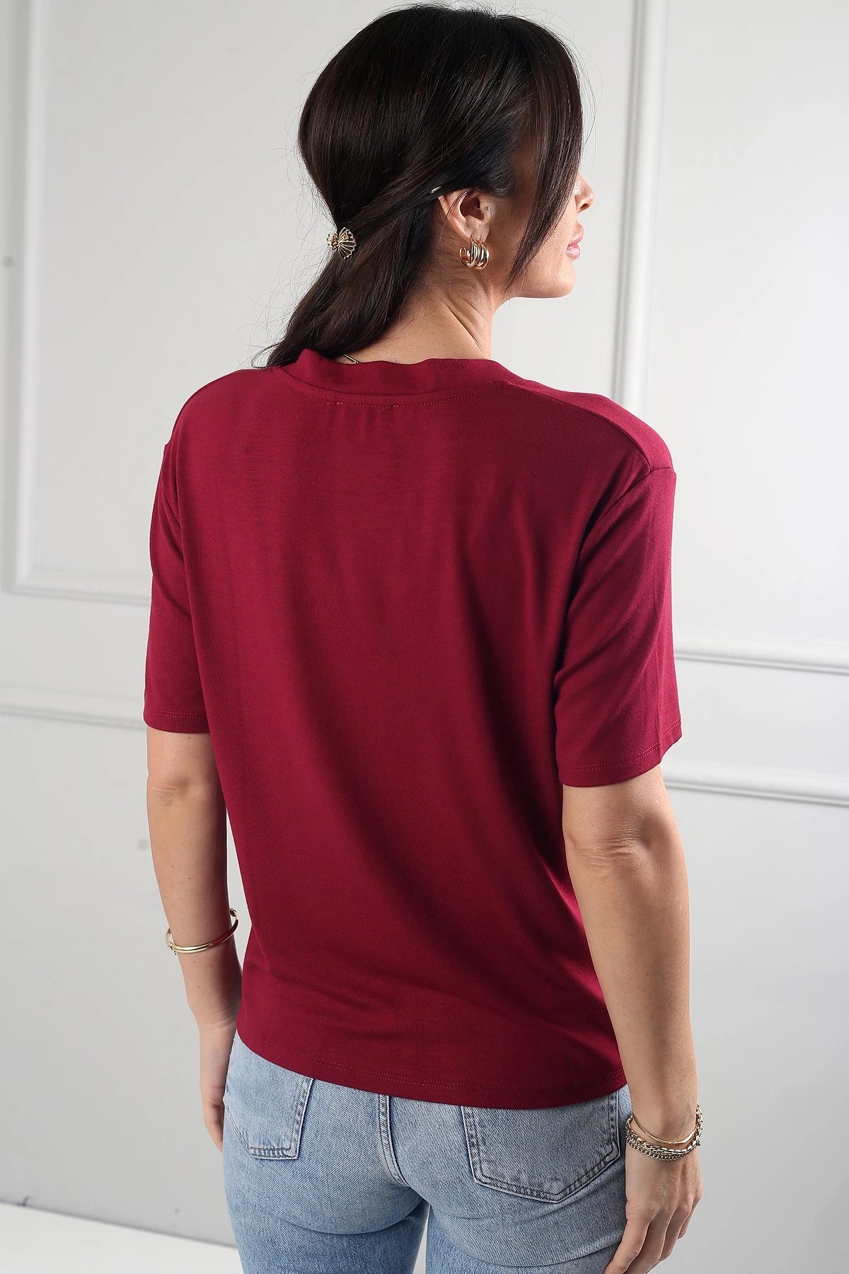 Image of Women's Interlock V-Neck Lycra Loose-Fitting Blouse
