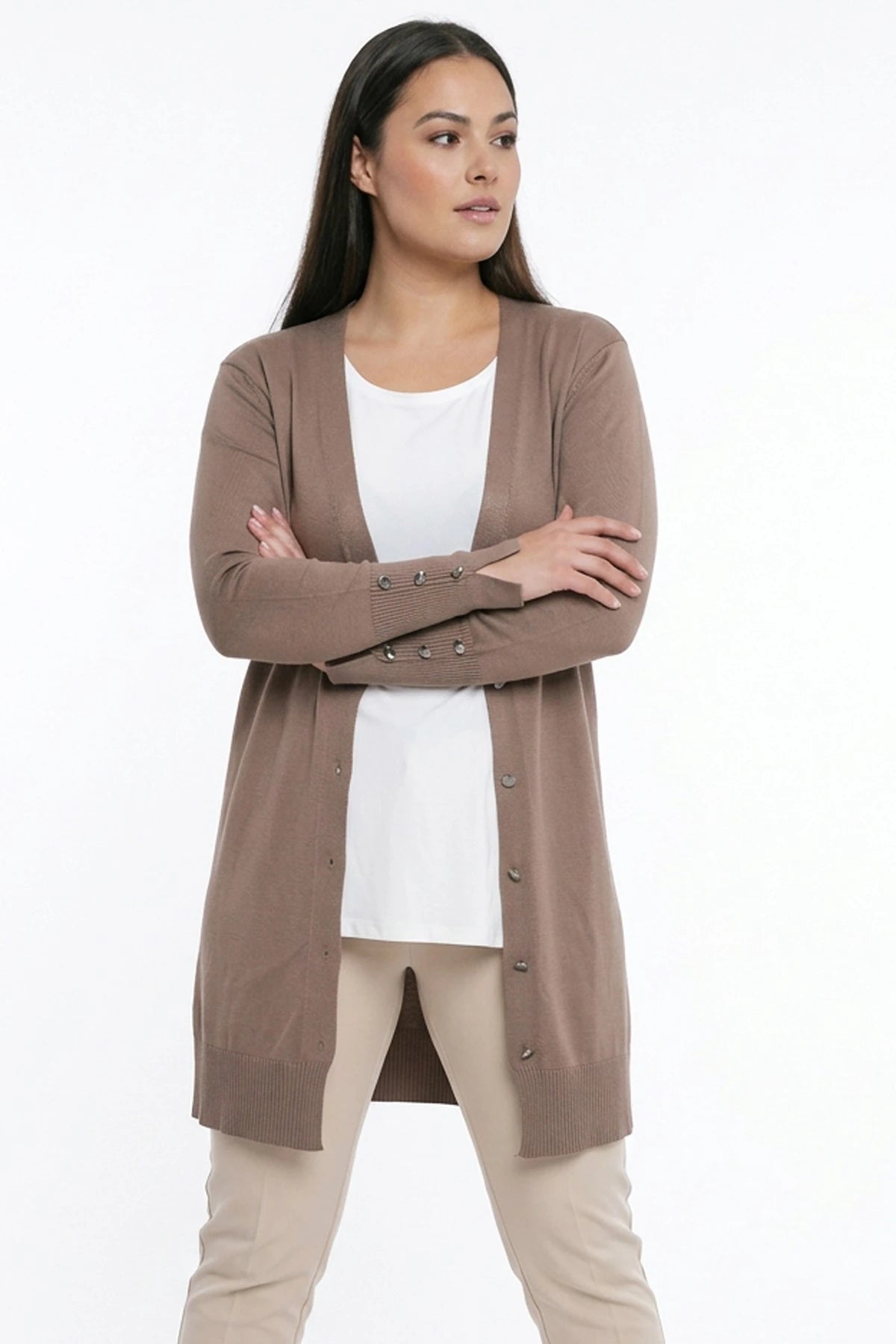Image of Women's Plus Size Knitted Cardigan with Button Detail on Sleeves