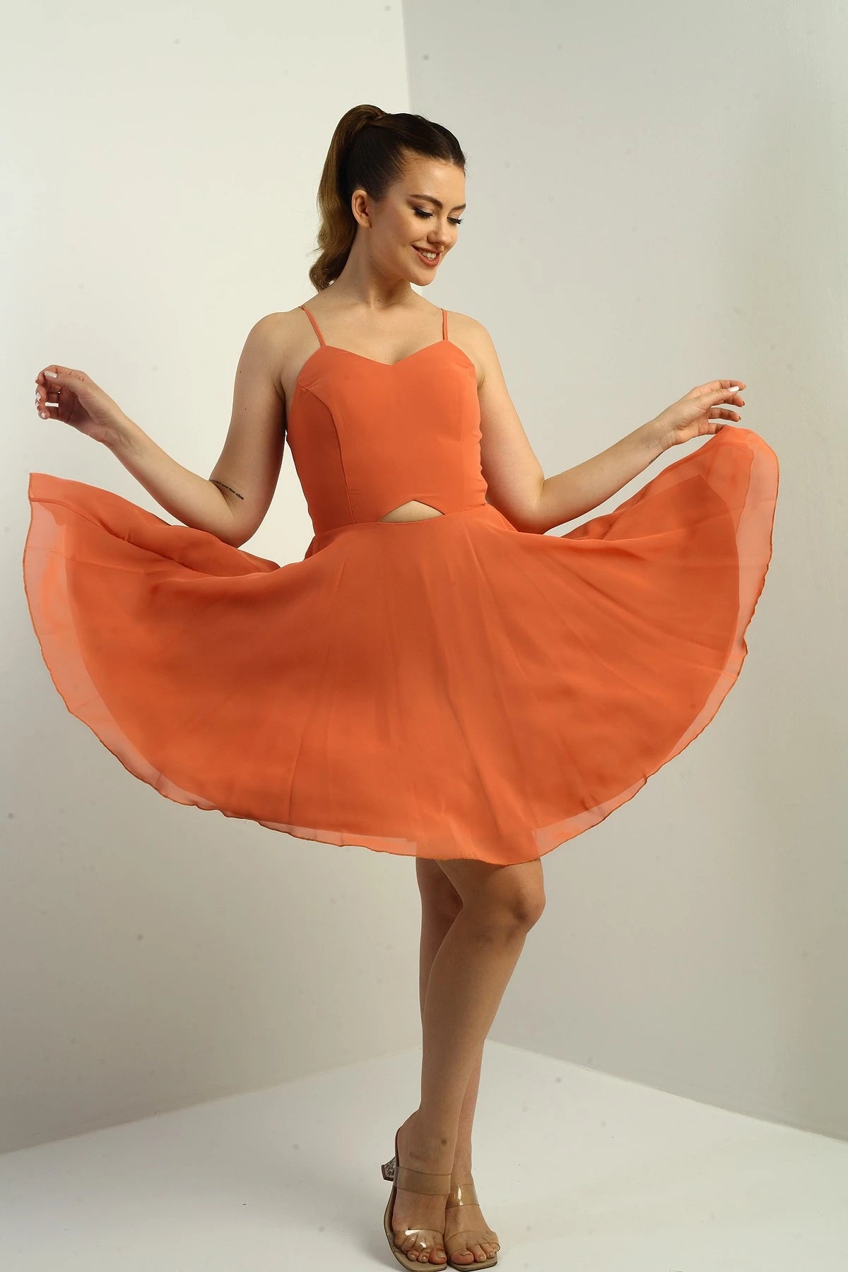Image of Women's Strappy, Back-Tie, Front-Opening, Lined Chiffon Short Flared Dress