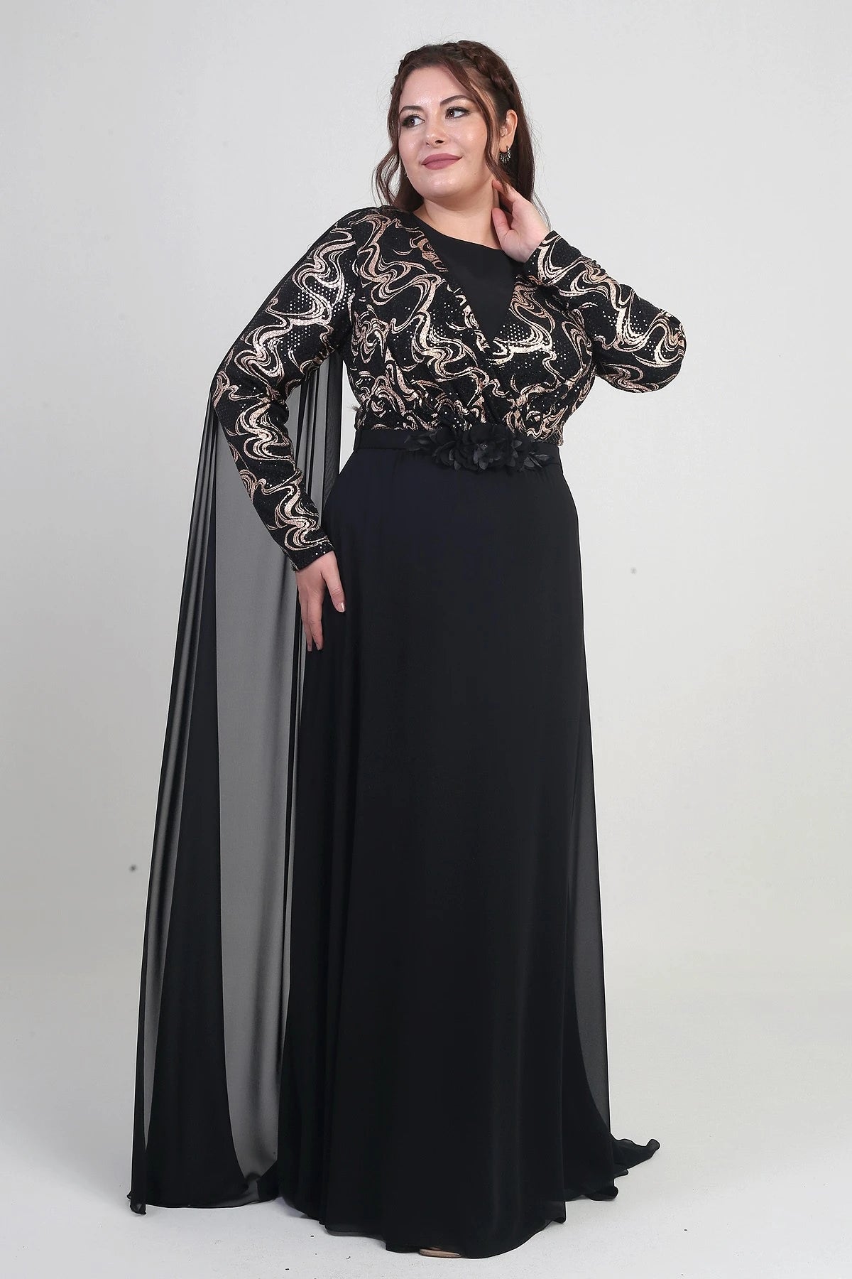 Image of Women's Wrap-Neck Style Sequined Lined Chiffon Long BB Dress