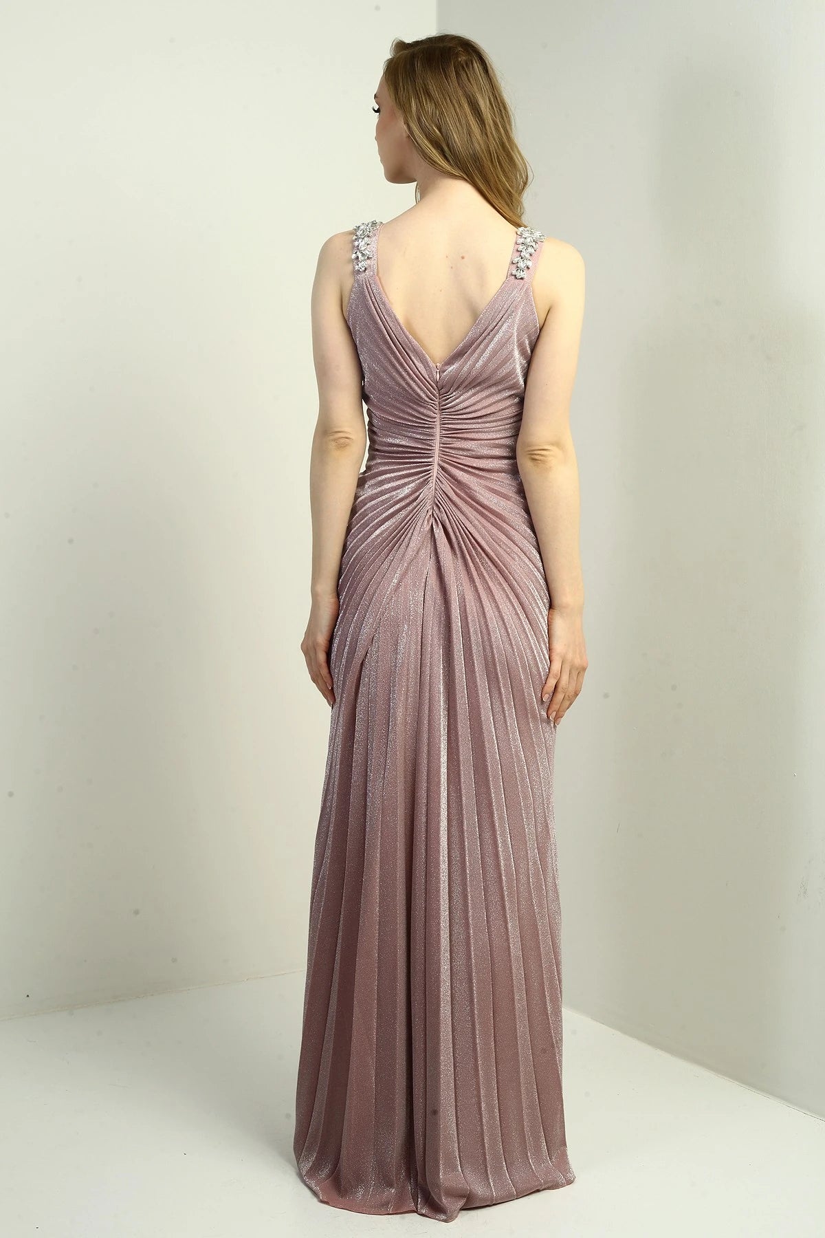 Image of Women's Wrap Neckline Long Evening Dress with Thick Shoulder Stone Detail, Stone Embellished Front, Gathered, and Slit