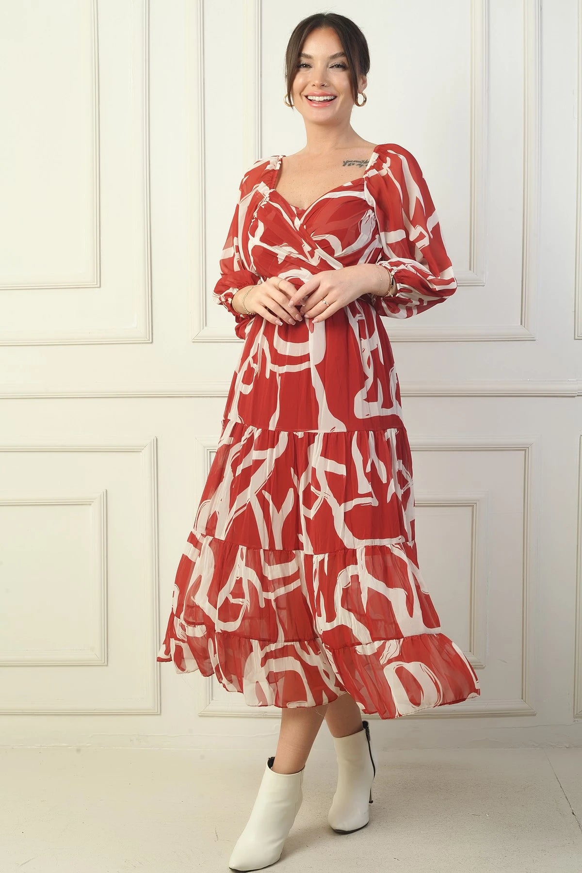 Image of Madonna Neckline Lined Cross-Tie Abstract Pattern Wrap Chiffon Dress