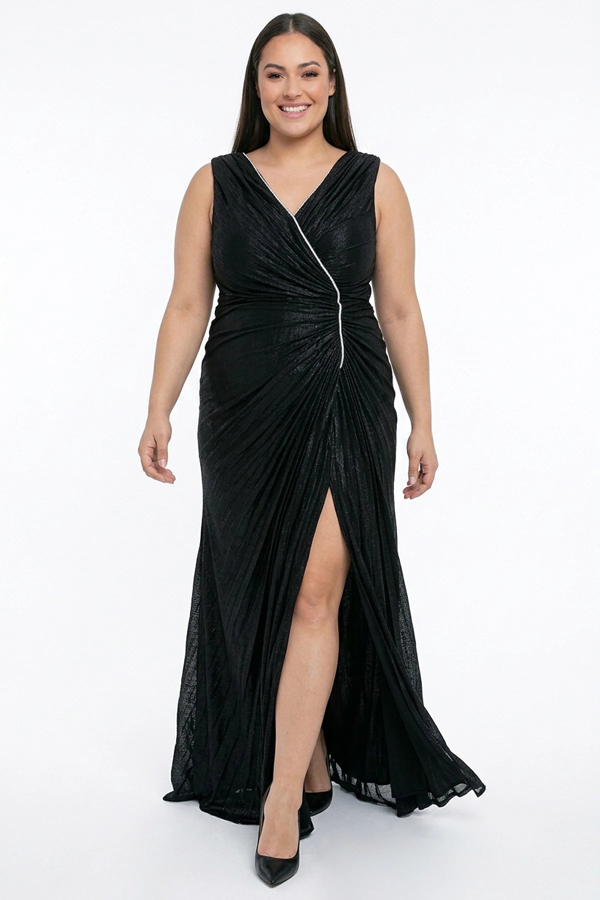 Image of Women's Front and Back V-Neck Ekol Fabric Pleated Series Stone Embellished Lined Plus Size Long Dress