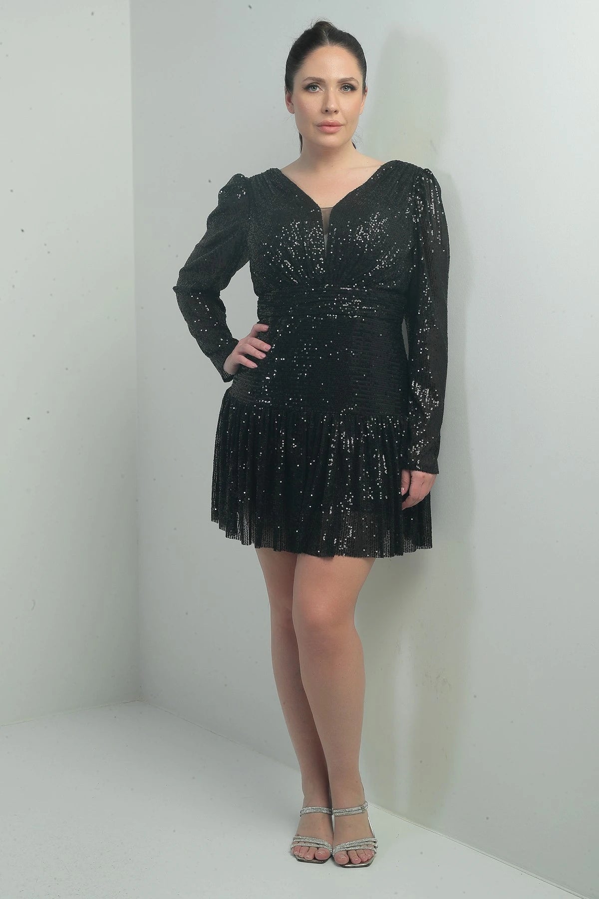 Image of Women's Front and Back V-Neck Lined Draped Long Sleeved Plus Size Sequin Dress