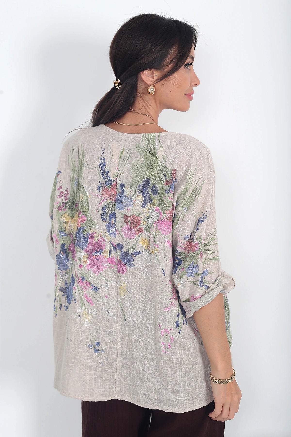 Image of Kadın İtalyan Cotton Çiçek Desenli Oversize Bluz