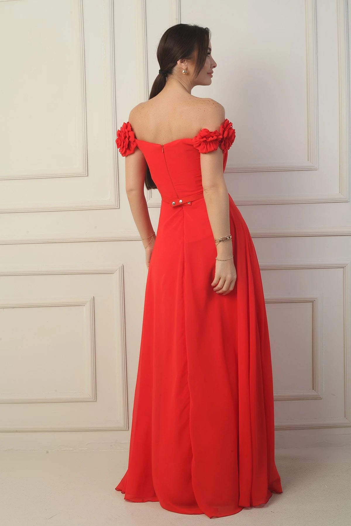 Image of Women's Long Chiffon Dress with Laser-Cut Floral Neckline and Lining, Belted Waist