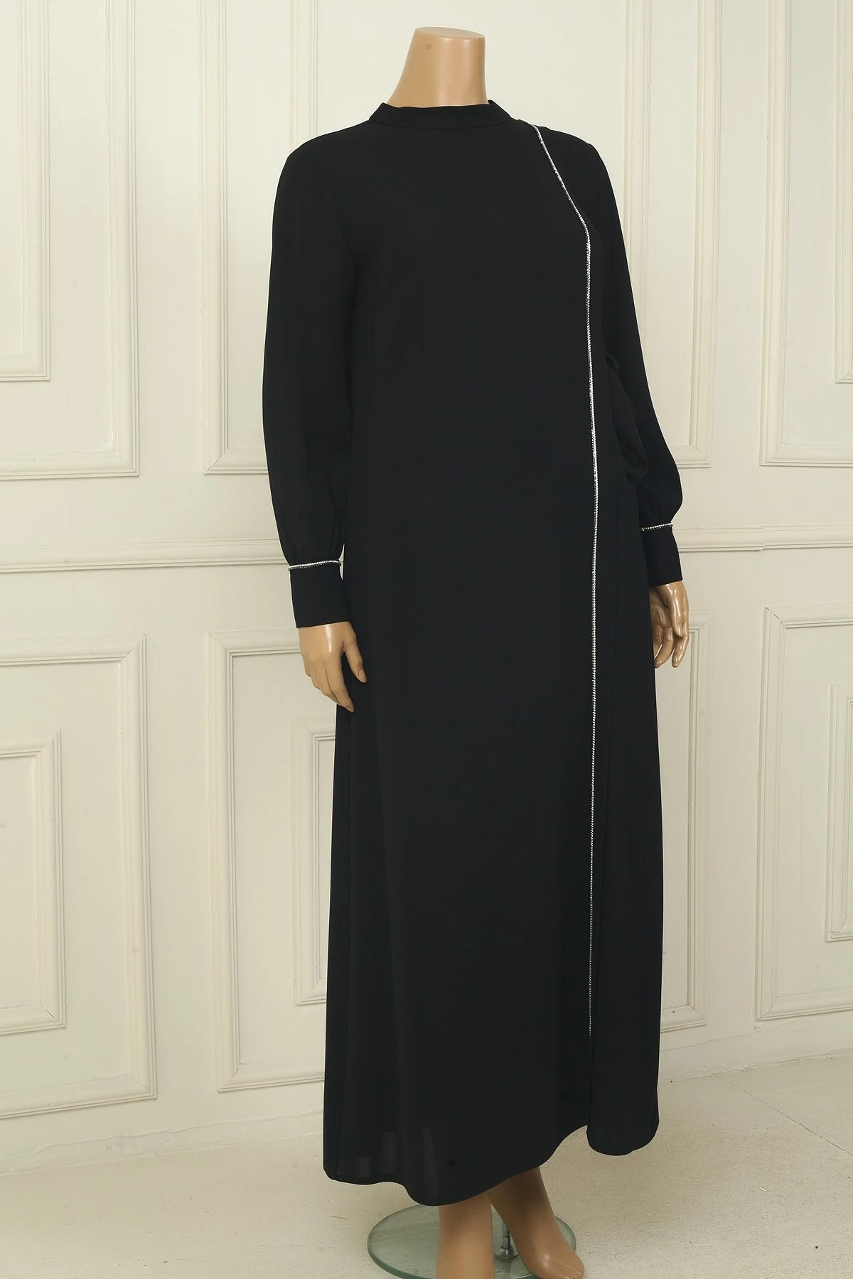 Image of Women's Plus Size Long Crepe Dress with Zippered Sleeves, Stone Embellishments, and Side Tie Closure