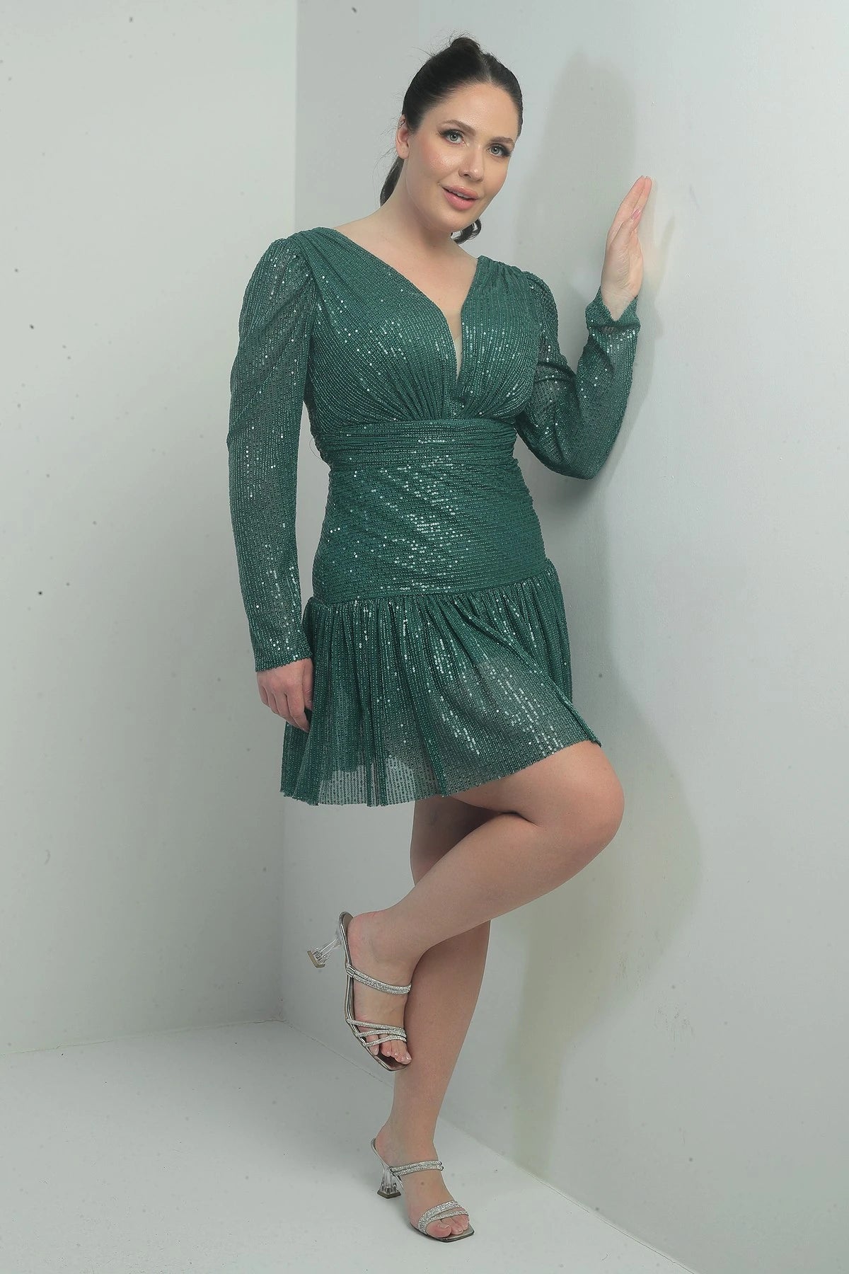 Image of Women's Front and Back V-Neck Lined Draped Long Sleeved Plus Size Sequin Dress