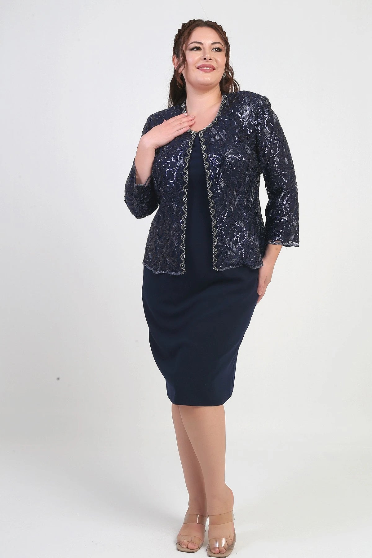Image of Women's Sequin Embellished Beaded Tulle Jacket, Half-Moon Sleeve Short Dress, Lined Crepe, Plus Size 2-Piece Set