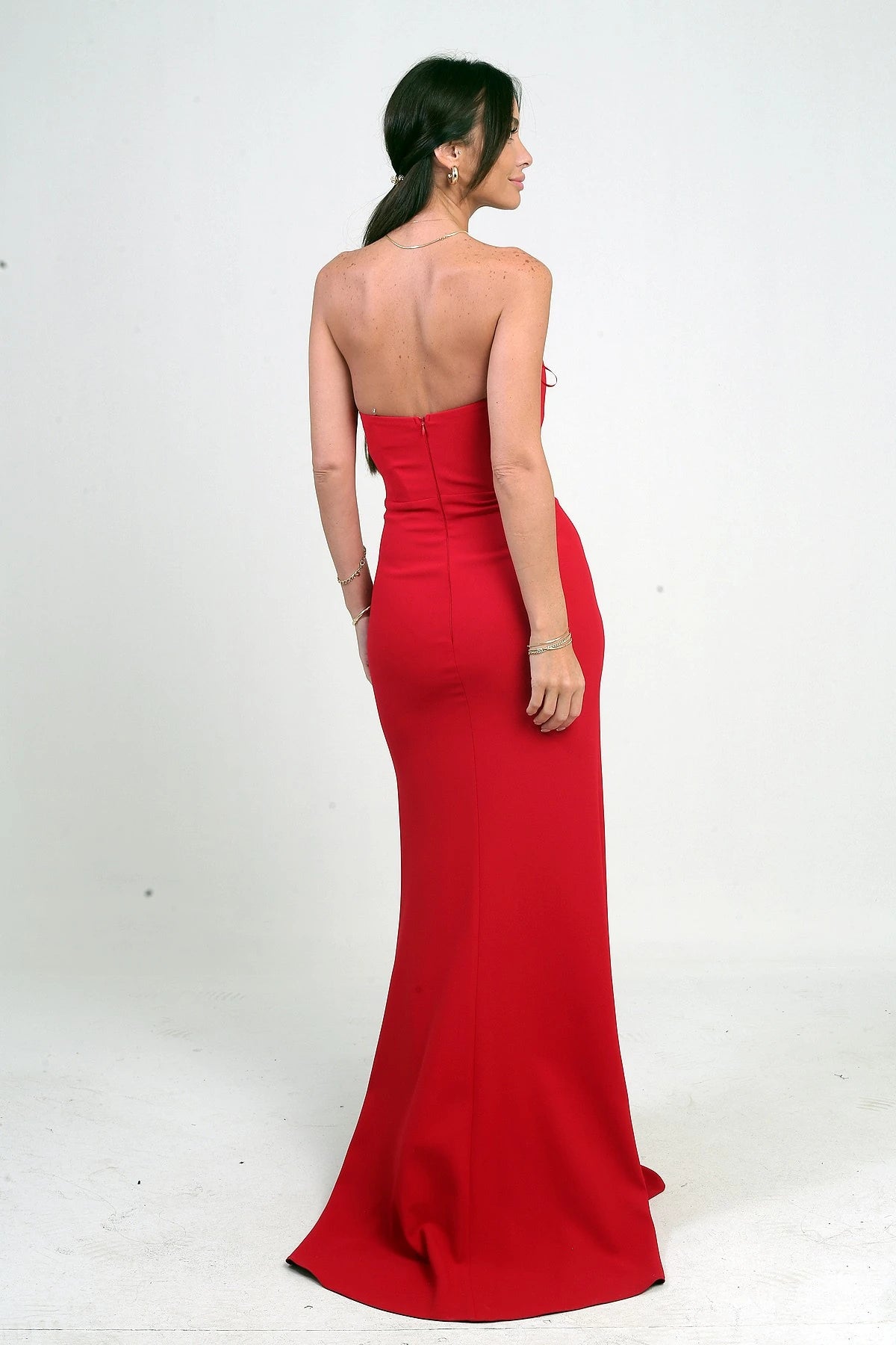 Image of Women's Long Crepe Dress with Draped Front and Stone Embellishments