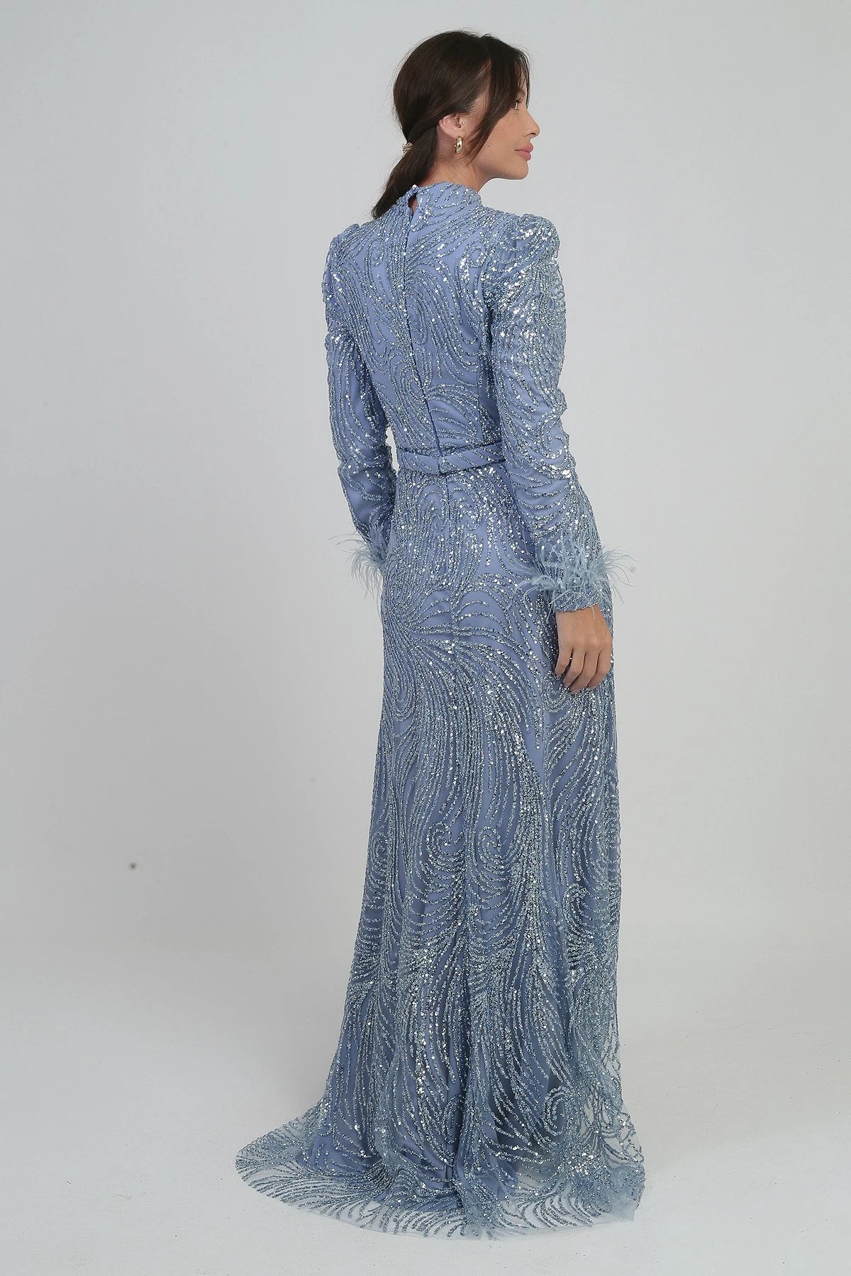 Image of Women's Long Tulle Dress with Feathered Sleeves, Beads and Sequins, and Lining