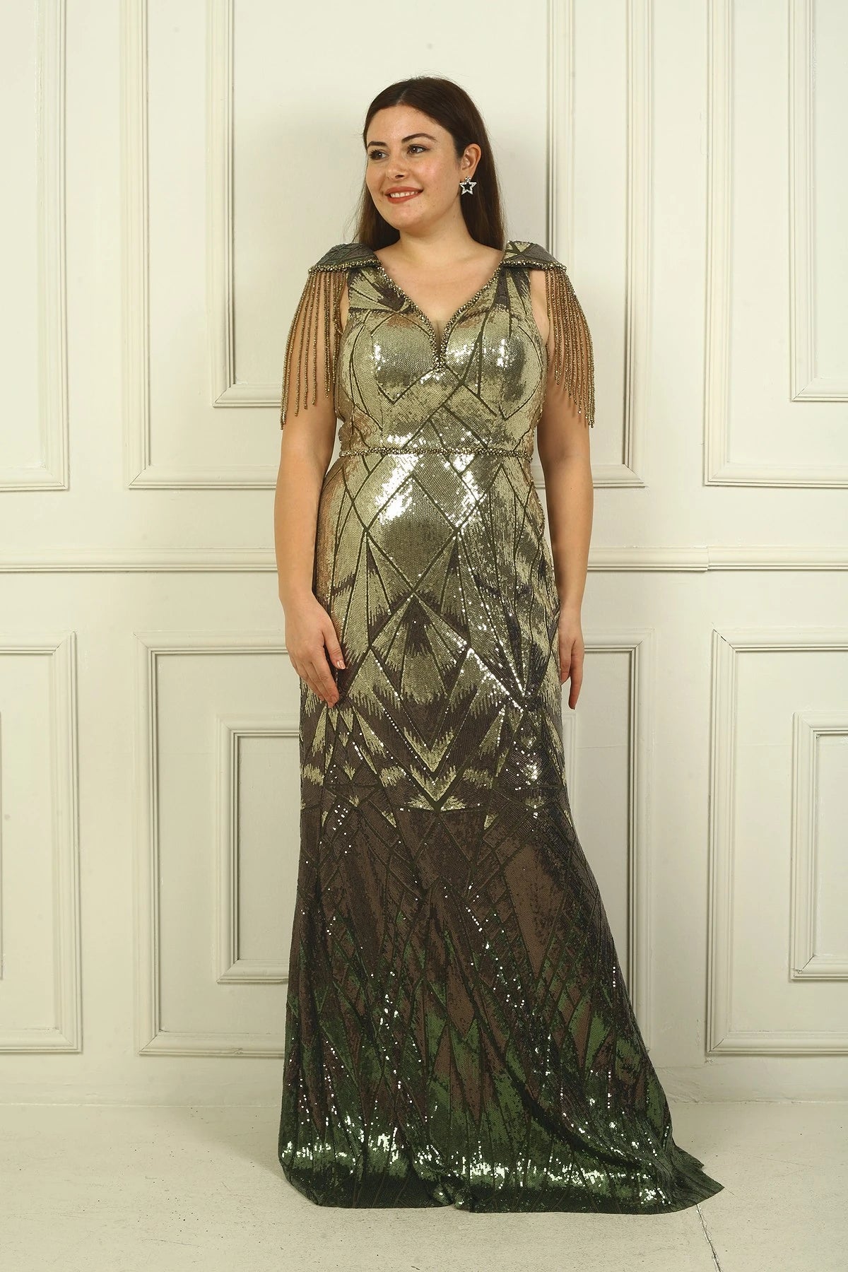 Image of Long BB Sequin Evening Dress with Beaded Tassel Sleeves and Lining