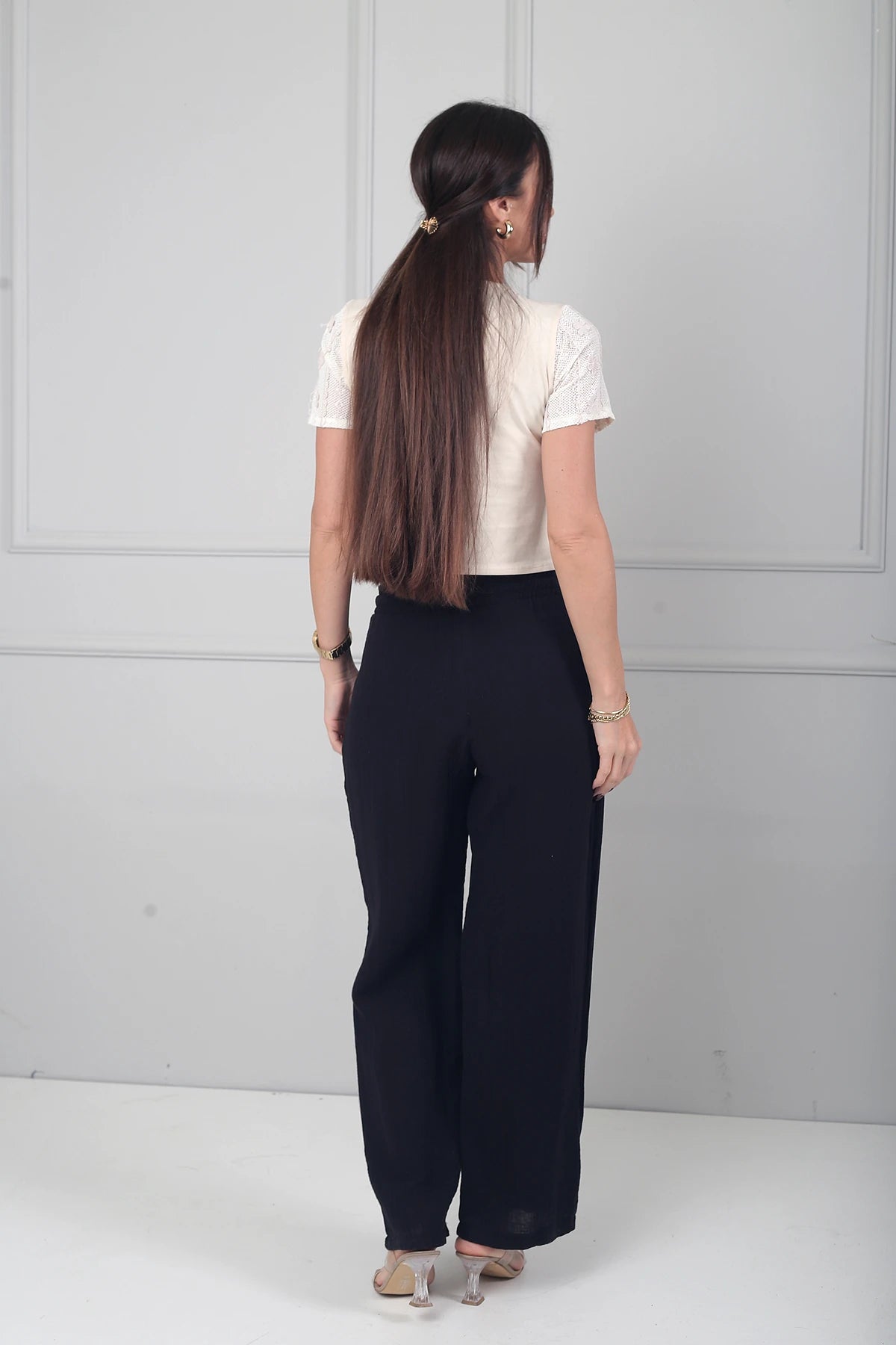 Image of Kadın Beli Lastikli Cepli Müslin Bol Paça Pantolon