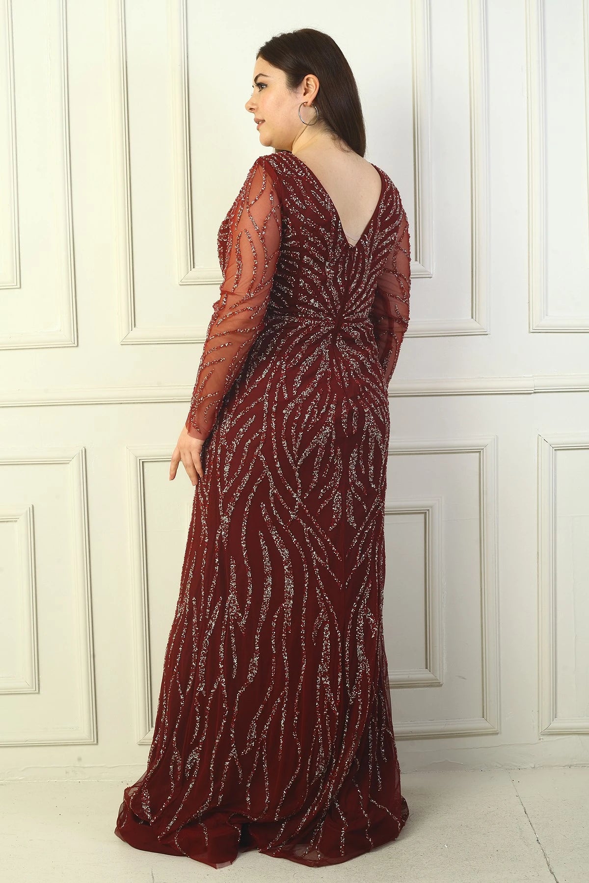 Image of Front and Back V-Neck, Tulle Sleeves, Lined, Embellished Long Plus Size Dress