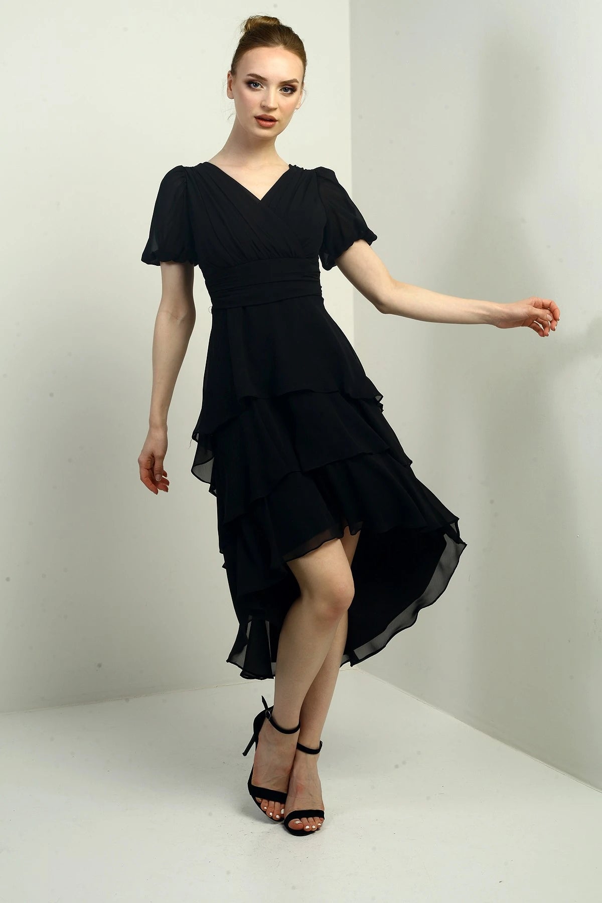 Image of Women's Wrap Neckline Back Zipper Layered Pleated Chiffon Dress