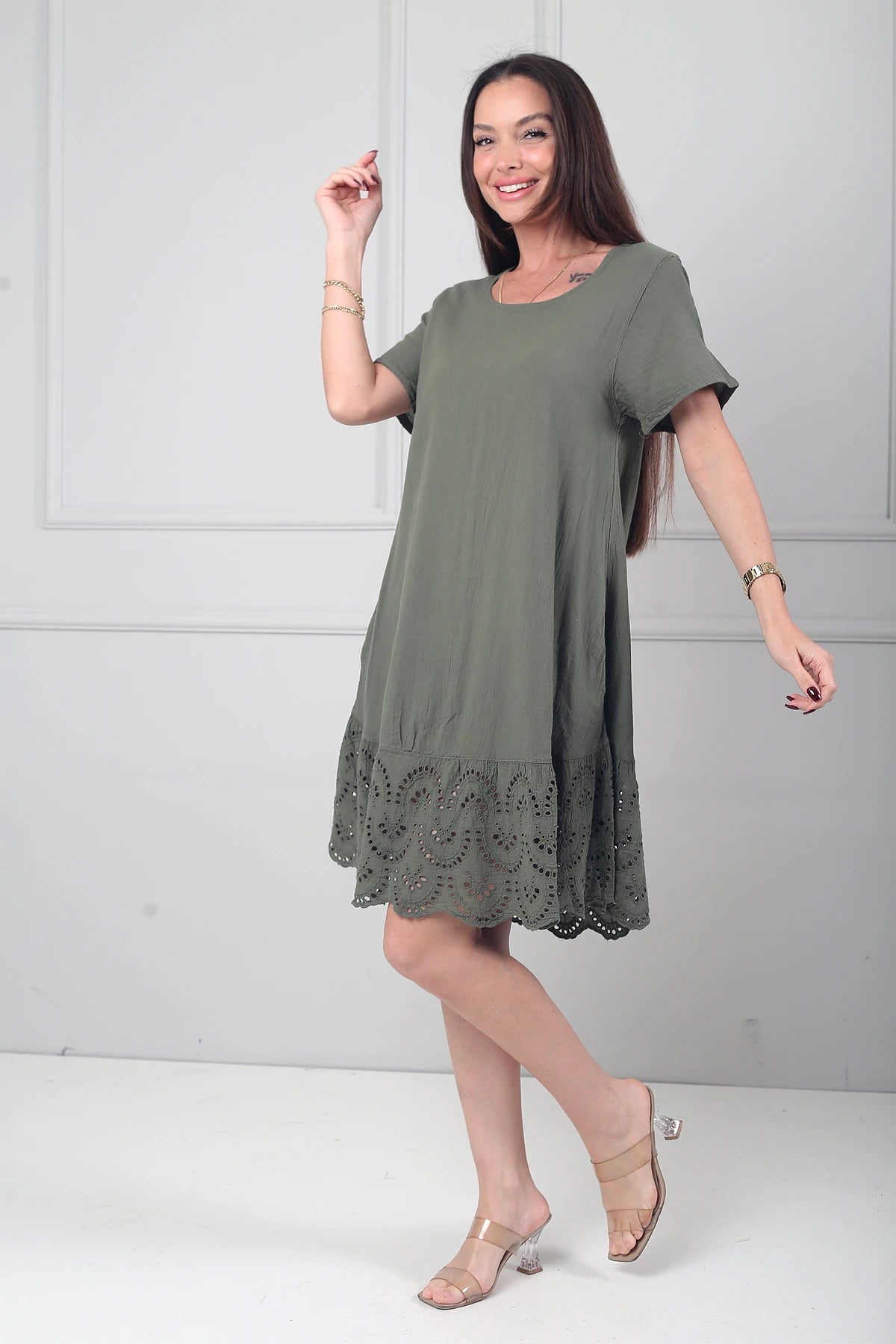 Image of Kadın İtalyan Kısa Kollu Eteği Fisto Astarlı Cepli Cotton Midi Elbise