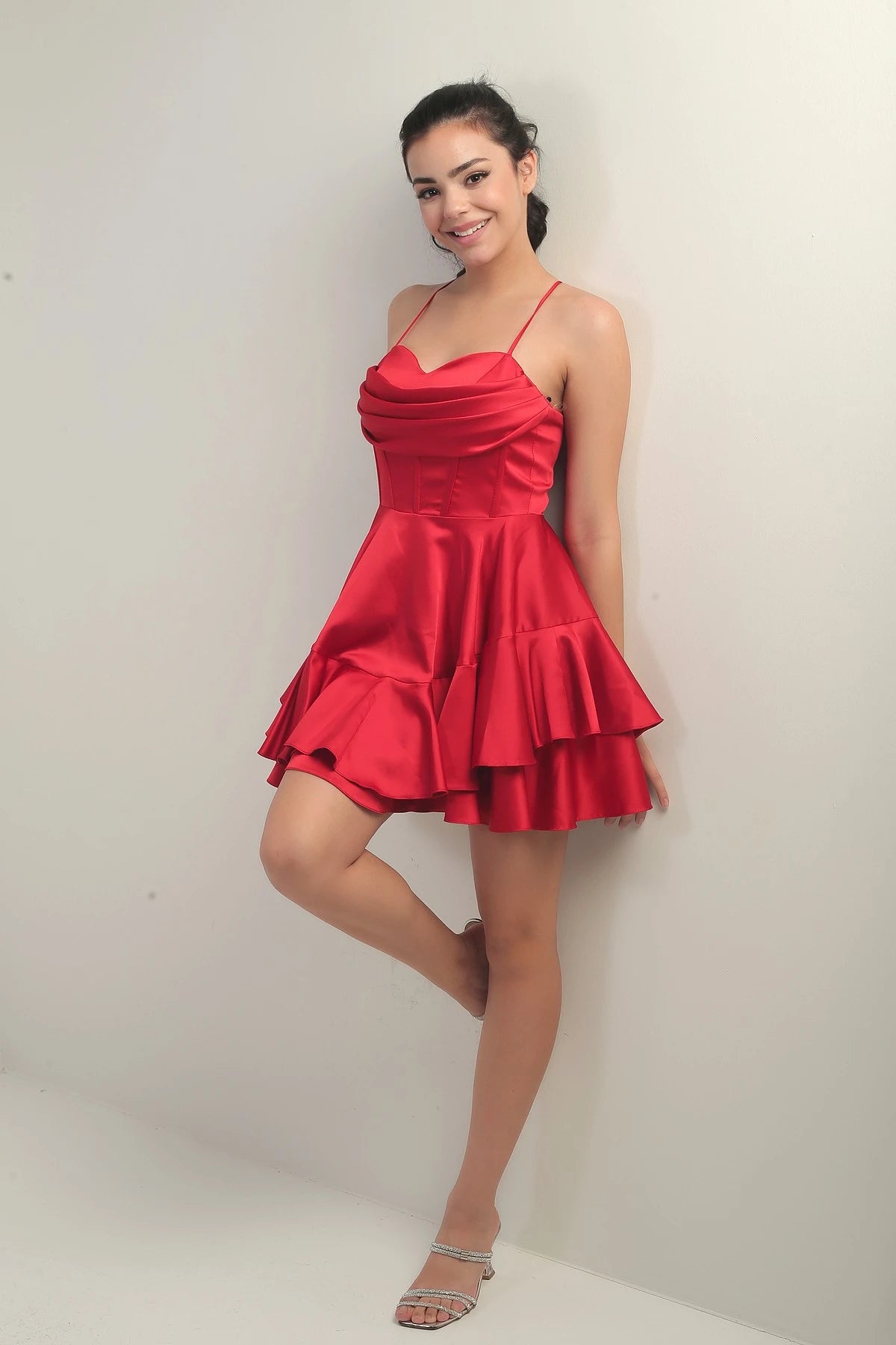 Image of Women's Strappy Back Tie Underwired Short Satin Dress with Layered Lining