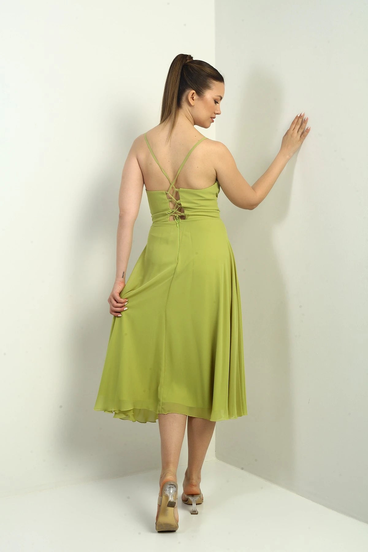 Image of Women's Strappy Wrap Neckline Lined Lace-Up Back Flared Chiffon Dress