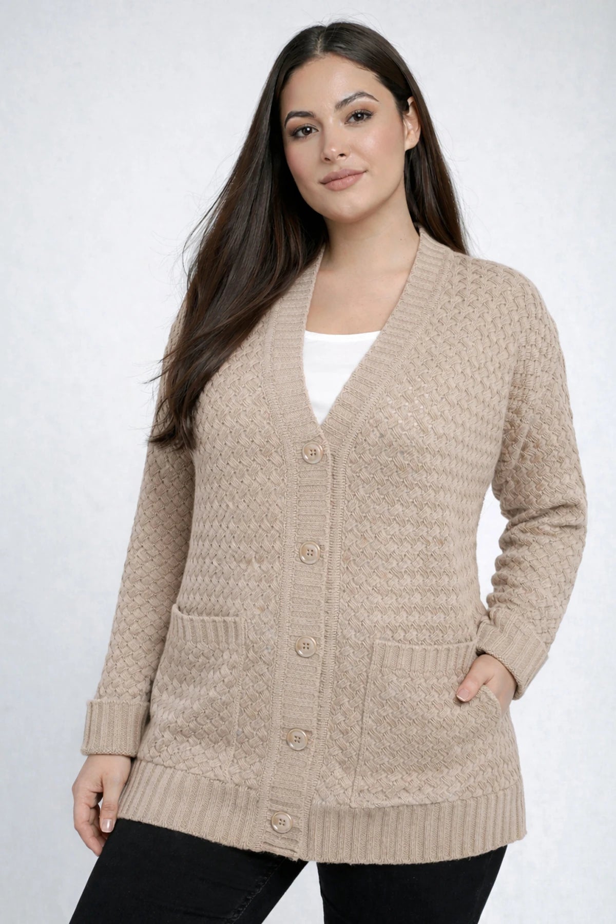 Image of Women's Basket Weave Pattern Pocketed Tunic Cardigan
