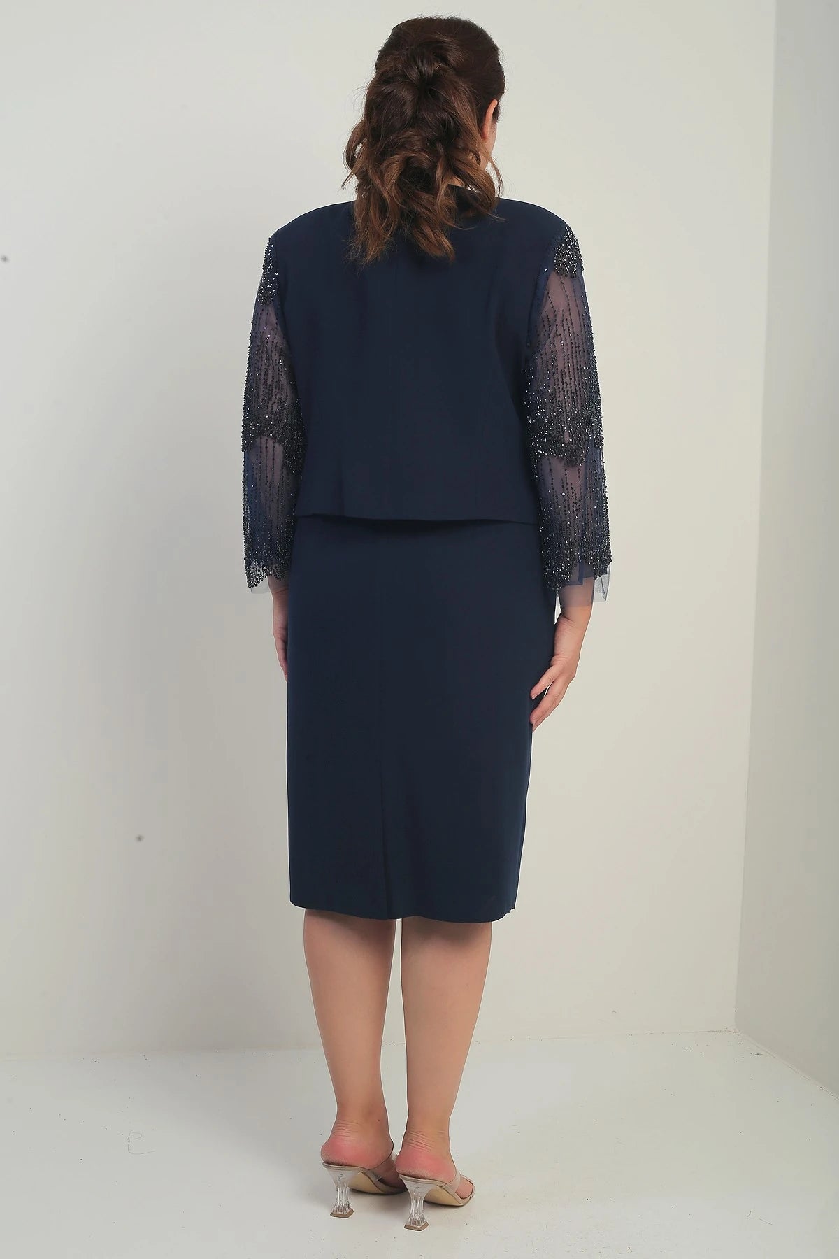 Image of Women's Wrap Neckline Draped Waist Dress with Tulle Sleeves, Lined Jacket with Sequin Details, Plus Size Two-Piece Set
