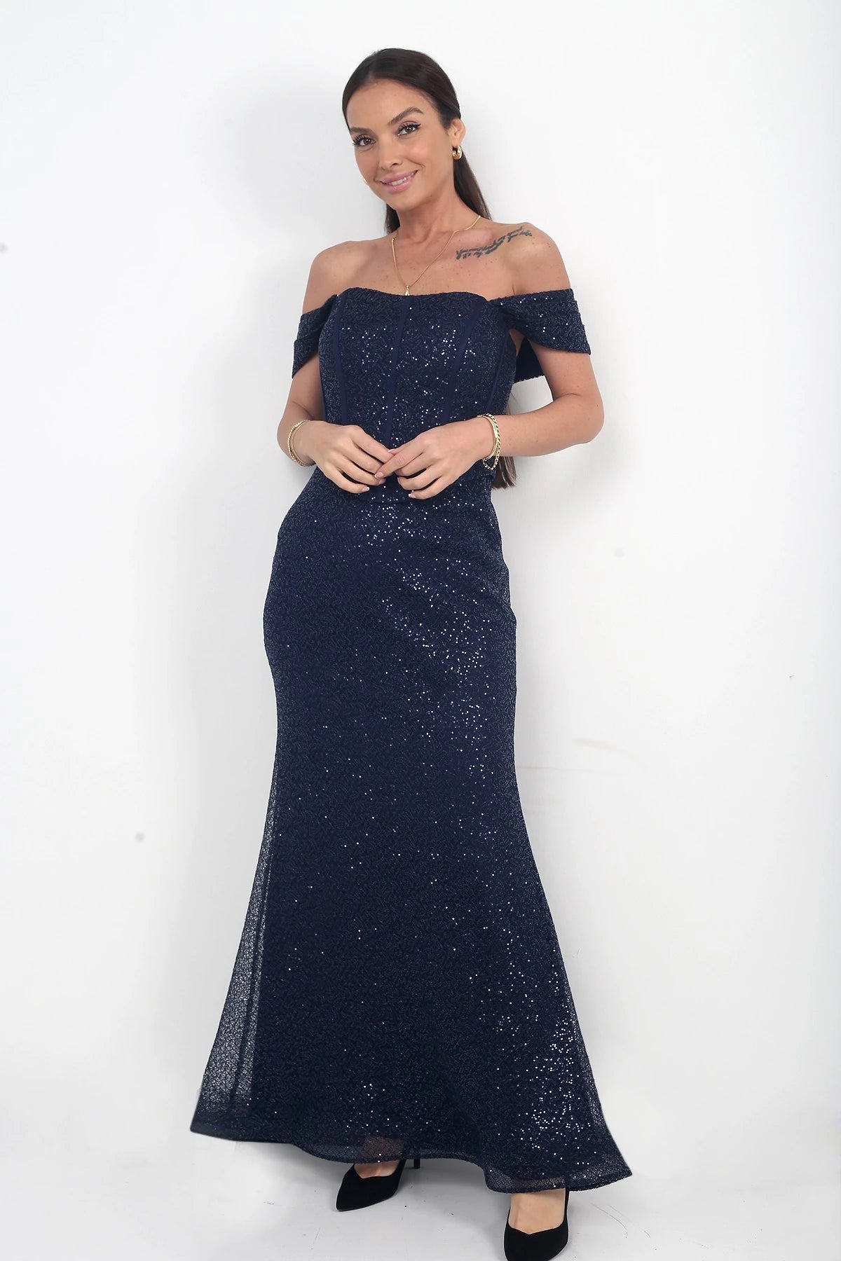 Image of Women's Strapless Bustier Low-Sleeved Lined Mesh Fishtail Dress with Waistband
