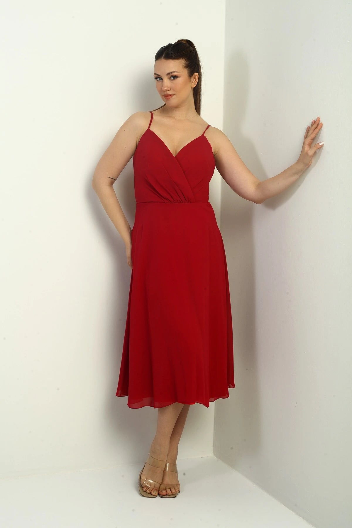 Image of Women's Strappy Wrap Neckline Lined Lace-Up Back Flared Chiffon Dress