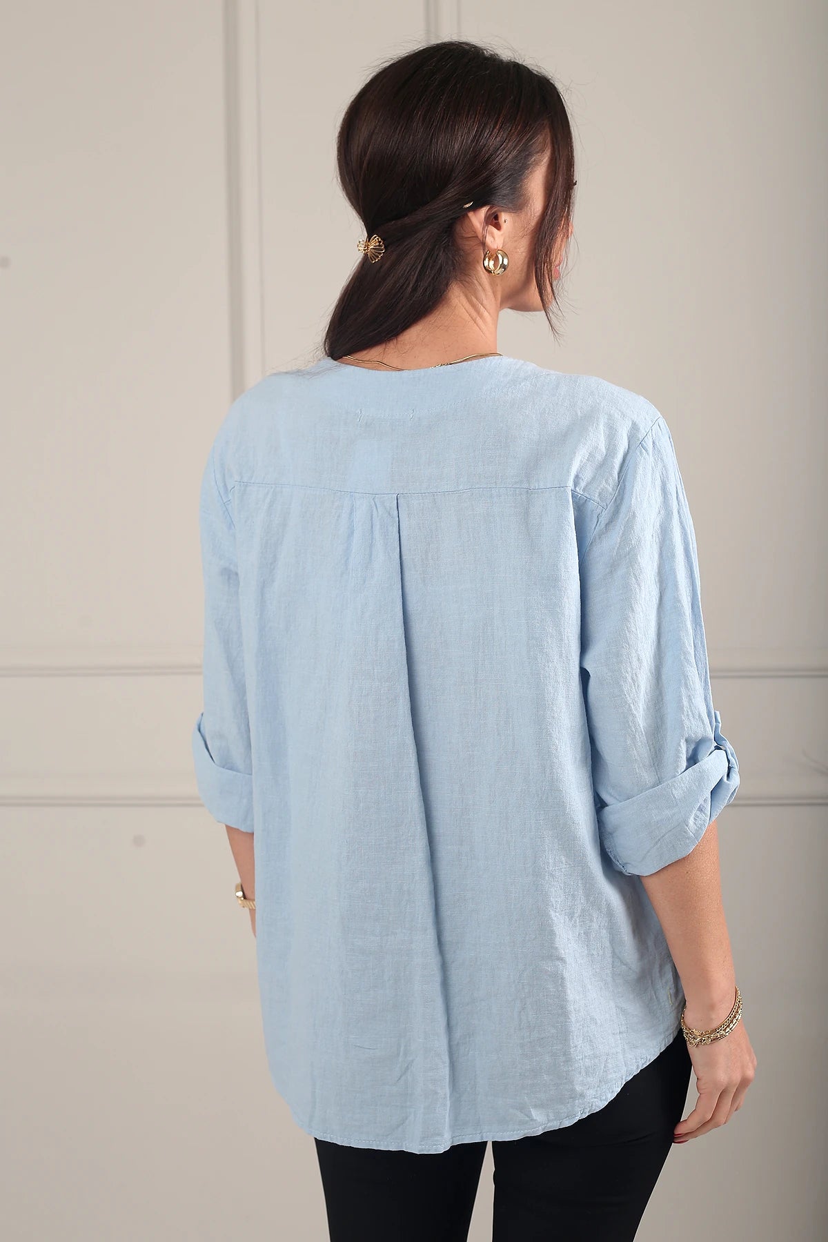 Image of Kadın Düğme Detaylı İtalyan Cotton Oversize Bluz