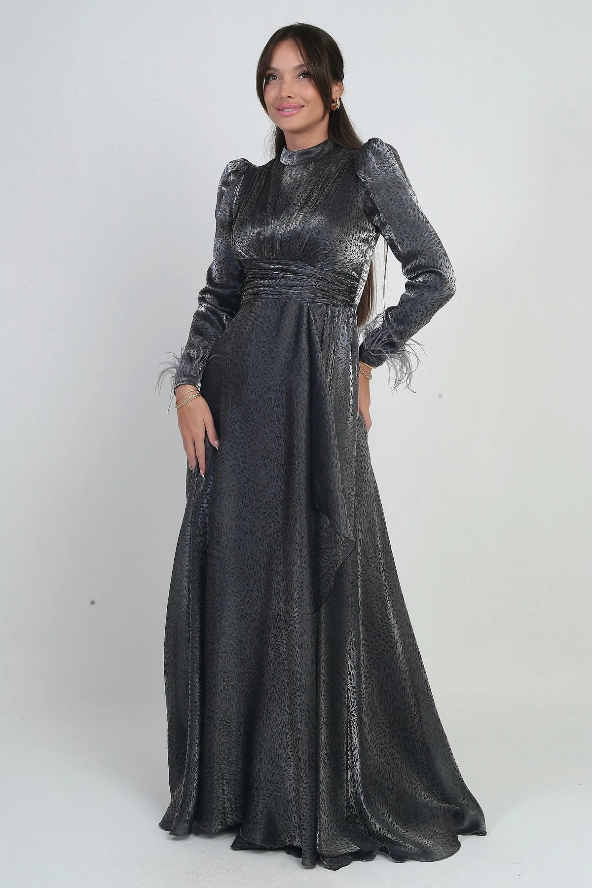Image of Women's Long Flared Dress in Griter Chiffon with Draped Front, Ruffle Detail, Lined, and Feathered Sleeves.