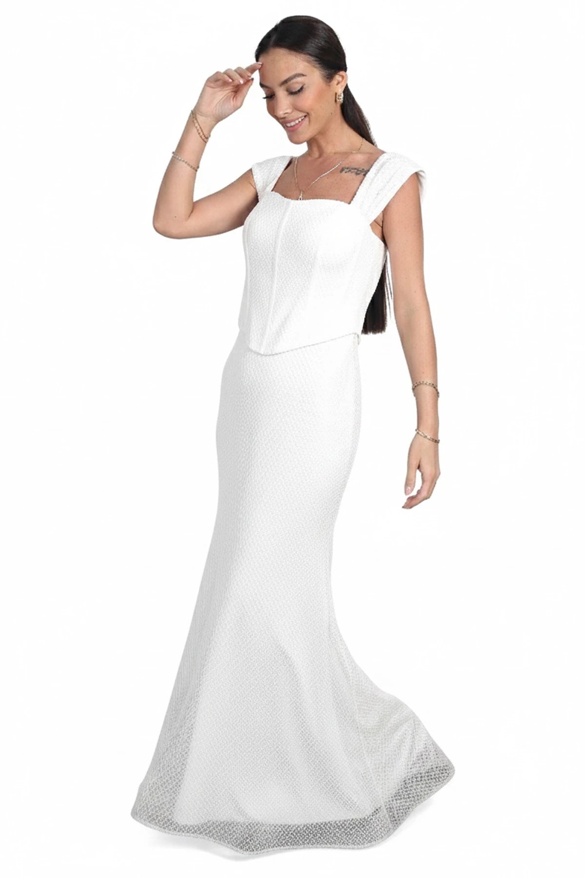 Image of Women's Strapless Bustier Low-Sleeved Lined Mesh Fishtail Dress with Waistband