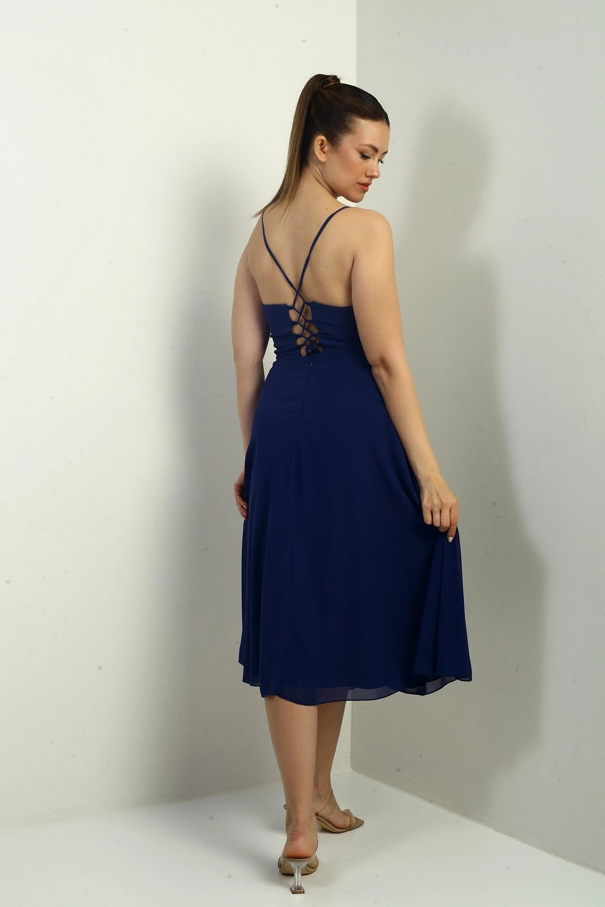 Image of Women's Strappy Wrap Neckline Lined Lace-Up Back Flared Chiffon Dress