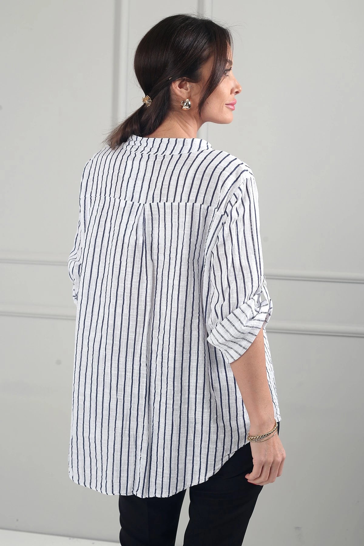 Image of Women's Single Pocket Striped Imported Linen Shirt