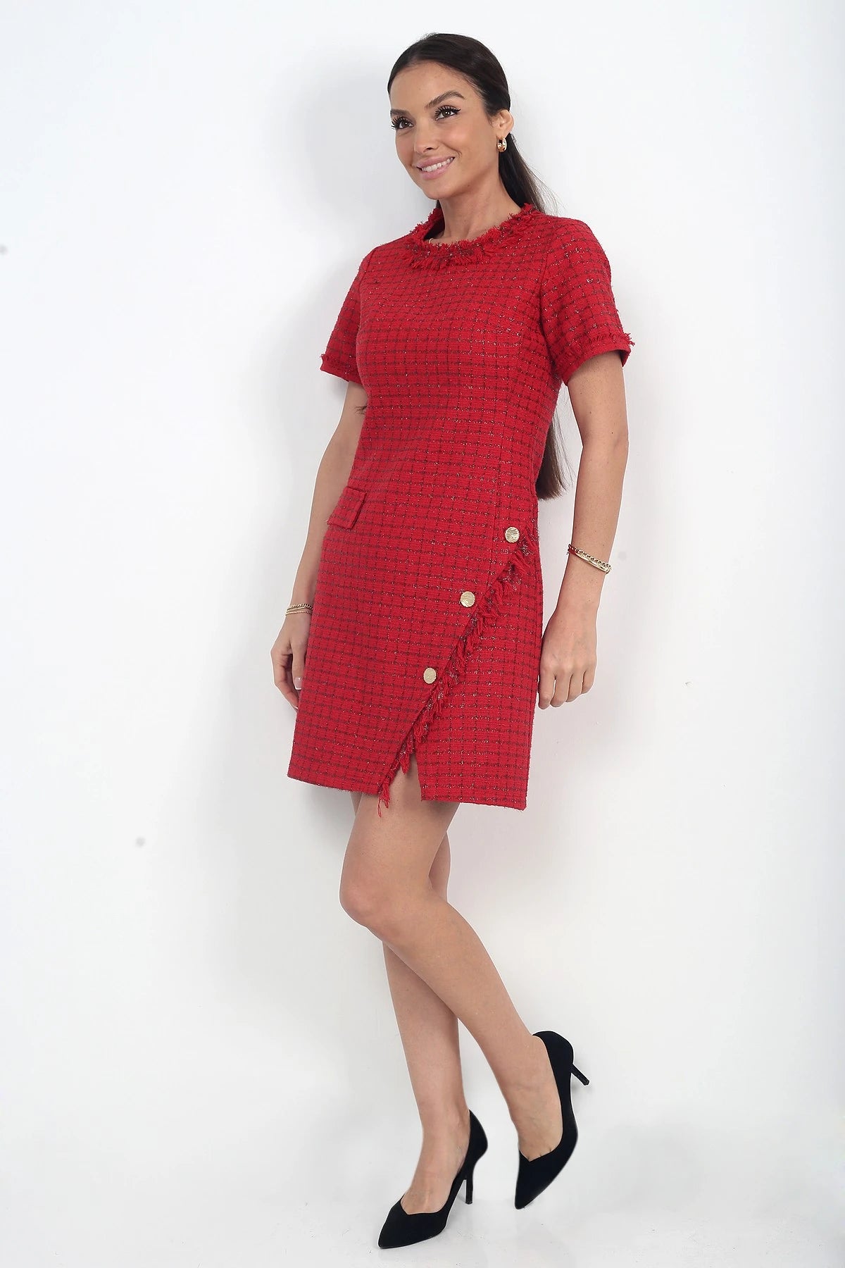 Image of Women's Button Detail Short Sleeve Tassel Chanel Short Dress