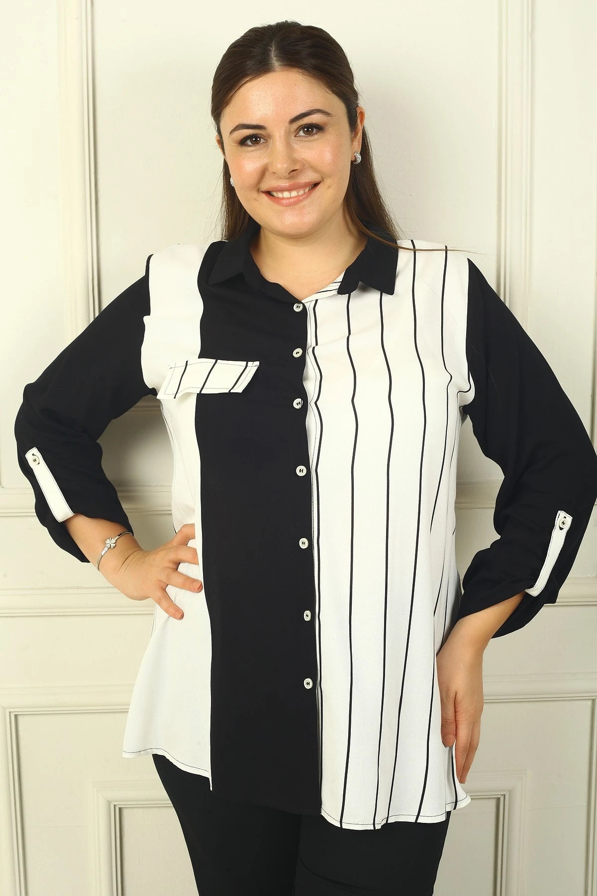 Image of Women's Single Pocket, Fold-Up Sleeve Striped BB Shirt