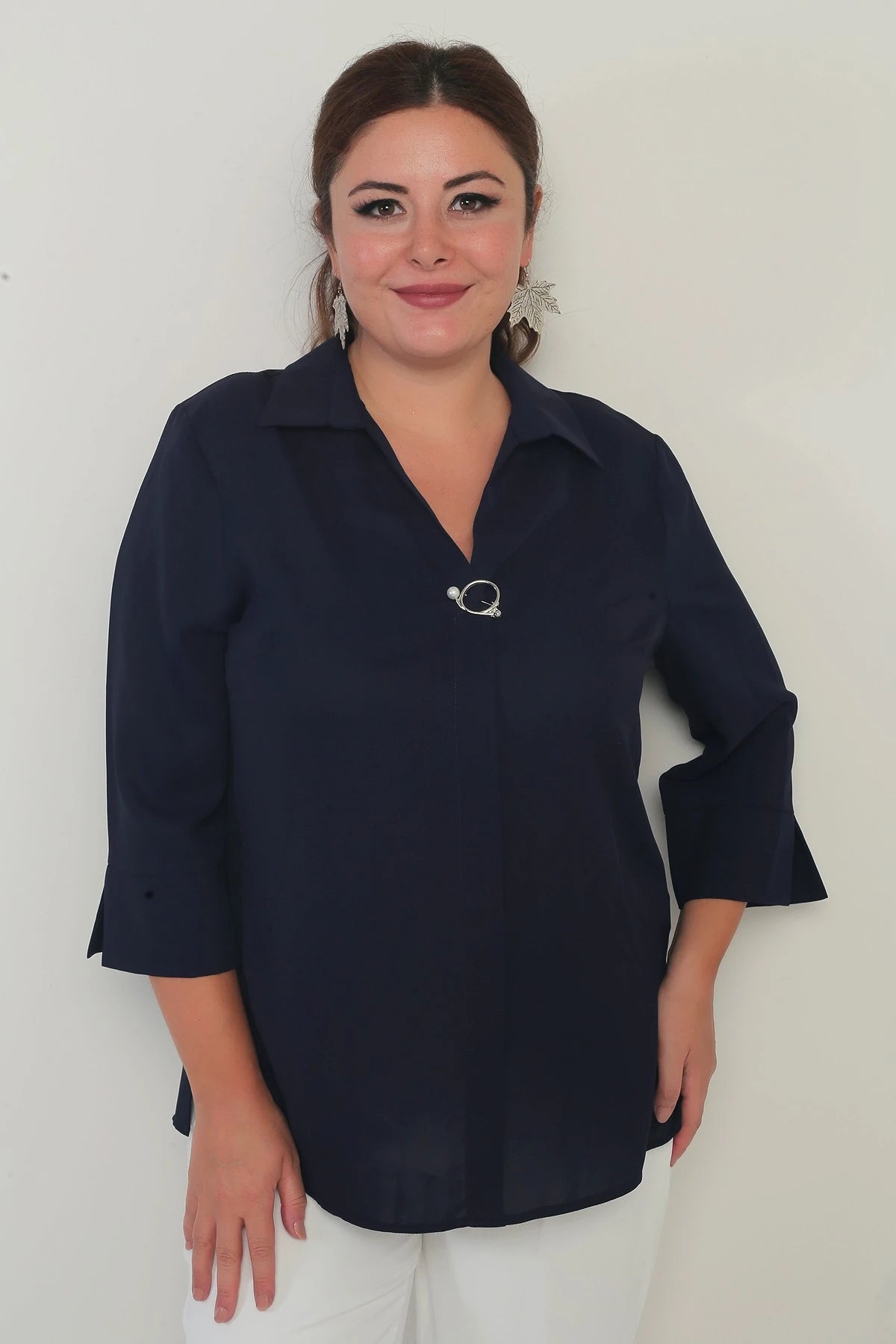 Image of Polo Yaka Çeyrek Kol Büyük Beden Bluz