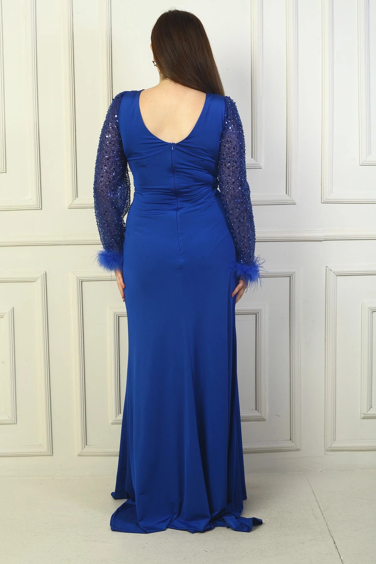 Image of Women's Wrap Neckline, Draped Front, Beaded and Sequin Detail, Feathered Tulle Sleeves, Lined, Plus Size Sandy Long Evening Dress